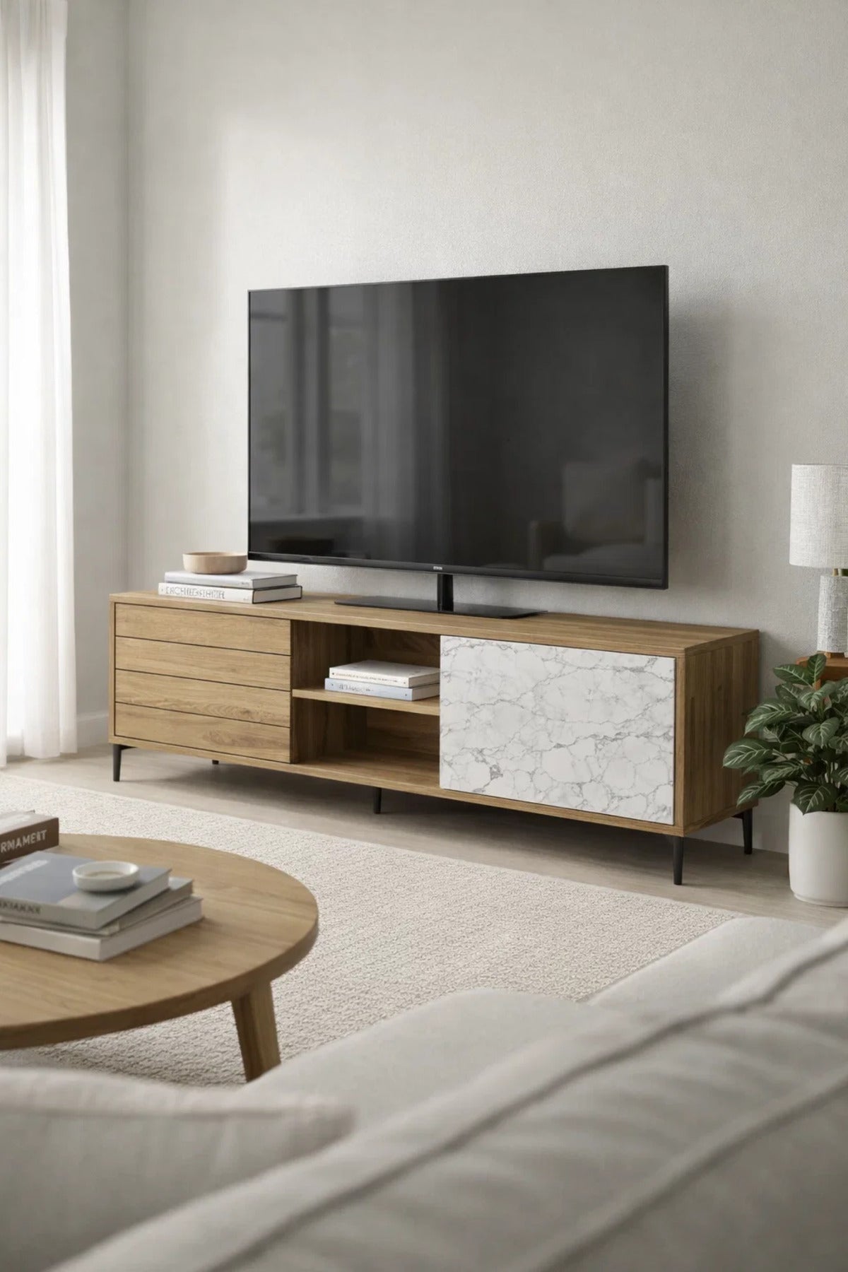 Stylish 160cm TV Unit Wood and Marble Effect Media Cabinet with Storage for Modern Living Rooms