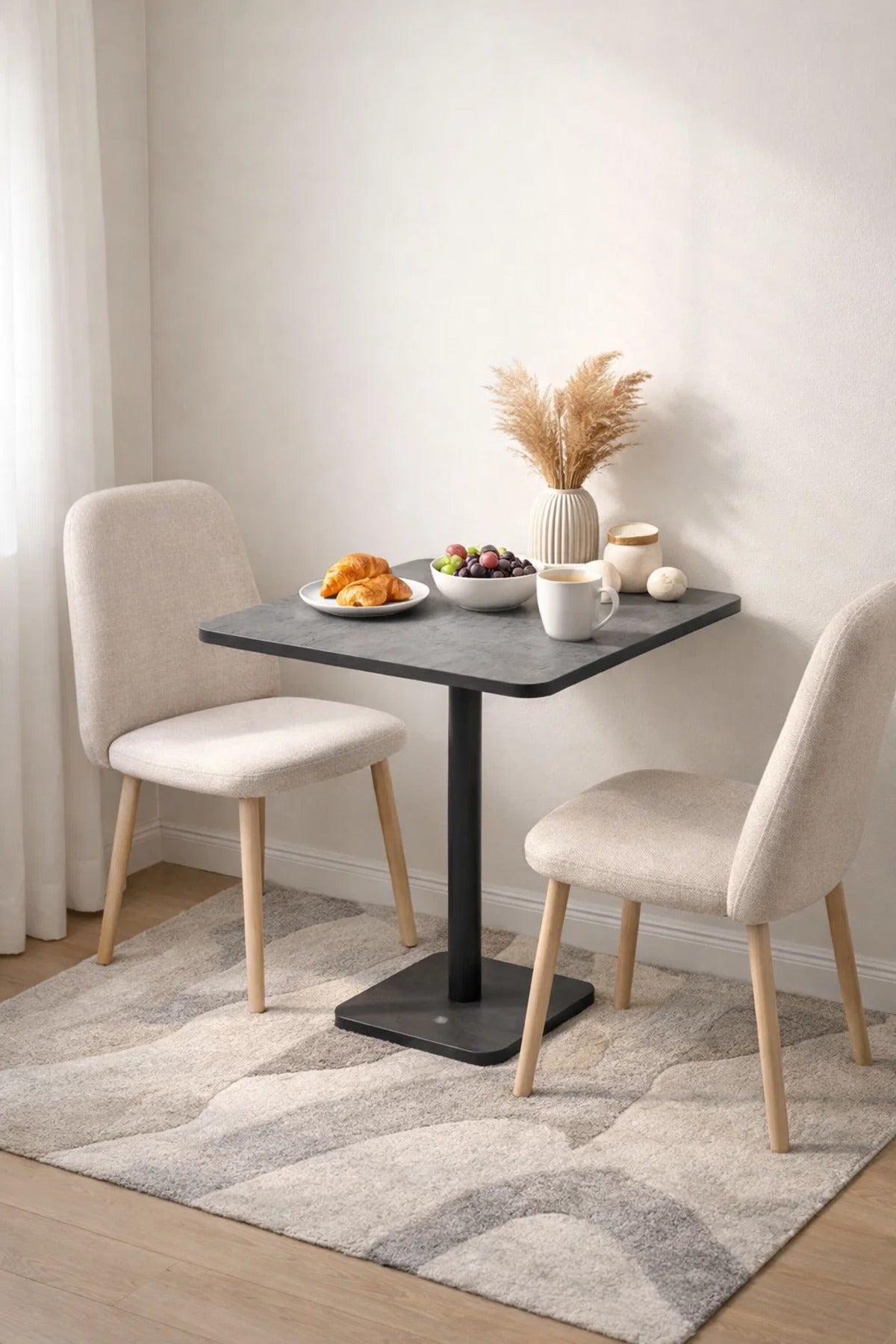 Modern Square Grey Melamine Dining Table with Black Metal Pedestal Base for Stylish Interiors