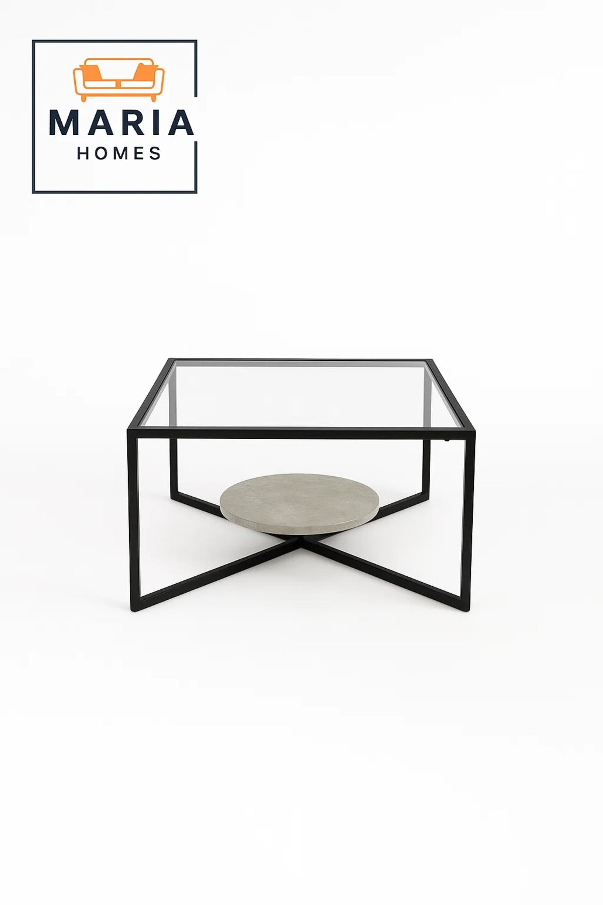 Square Glass Coffee Table with Black Frame and Stone Accent Base