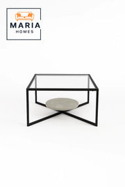Square Glass Coffee Table with Black Frame and Stone Accent Base