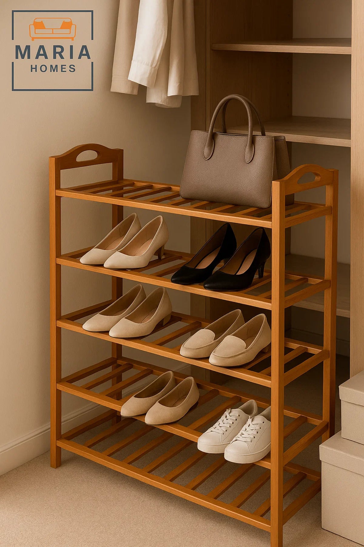 5-Tier Wooden Shoe Rack Shelf Organizer for Entryway, Closet or Bedroom Ð Sturdy and Spacious