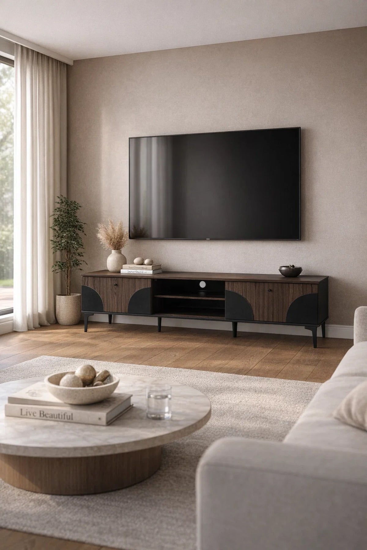 Brown & Black TV Stand √ê 180x40x45 cm Modern Plasma Table with Cabinets & Shelves