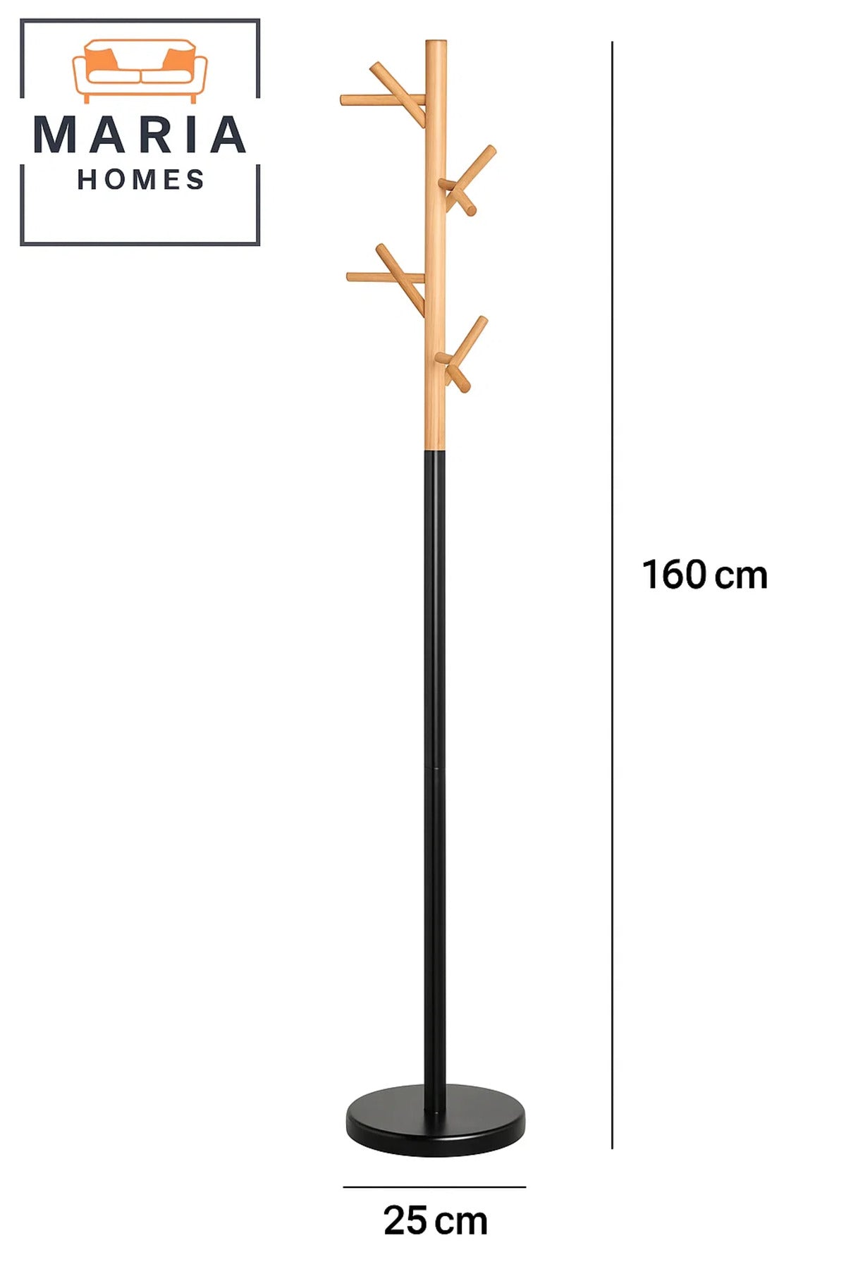 Wooden Tree-Style Coat Rack with Black Metal Base