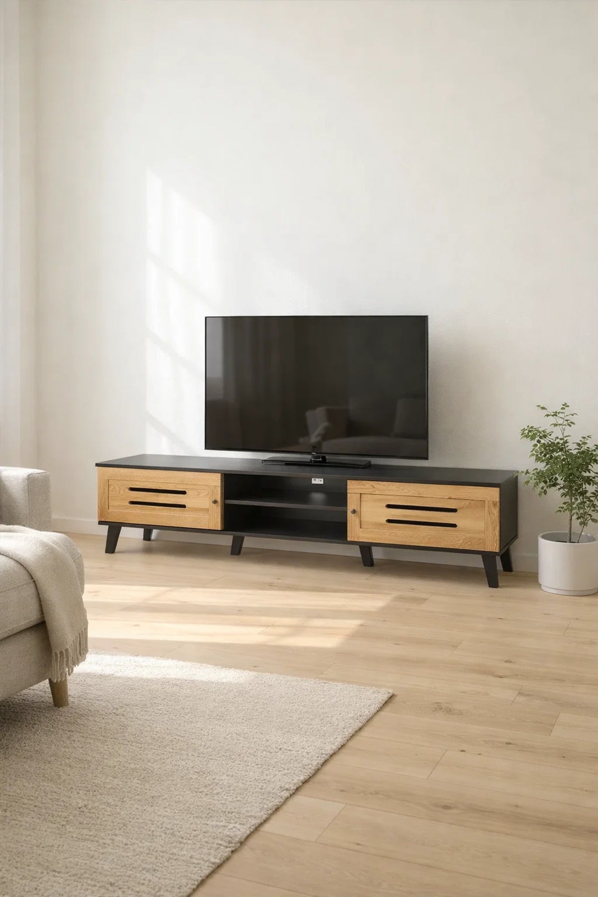 Modern Wooden TV Stand Black with Oak Front Panels 160 x 40 x 43 cm