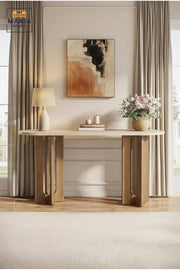 Modern Marble Top Console Table with Wooden Base for Entryway, Hallway & Living Room