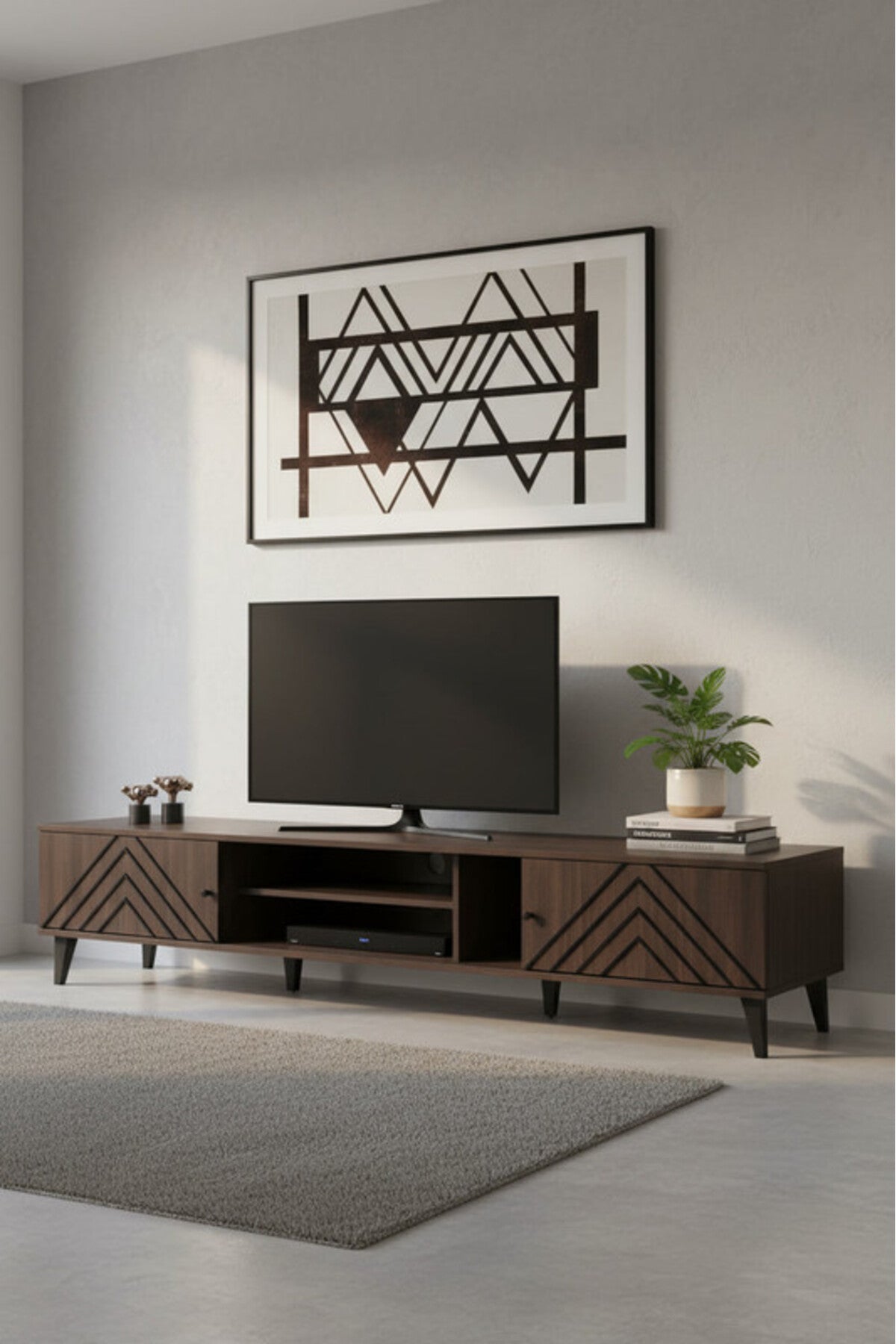 Geometric Brown Design TV Table with Open Shelf & Storage Cabinets