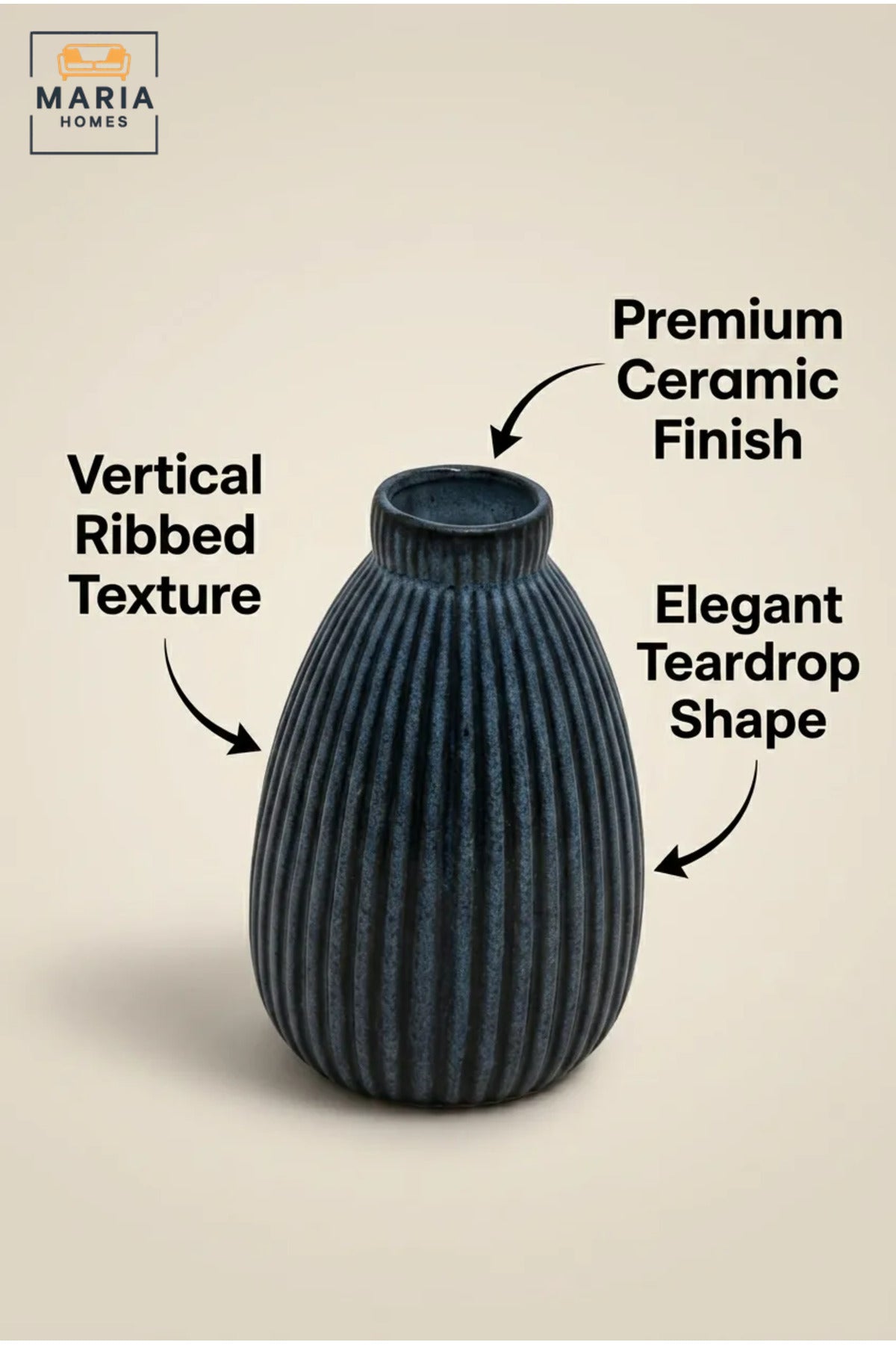 Blue Ribbed Decorative Vase, Modern Teardrop Flower Holder with Narrow Opening for Dried Flowers, Living Room, Bedroom, Office, Shelf and Table Décor