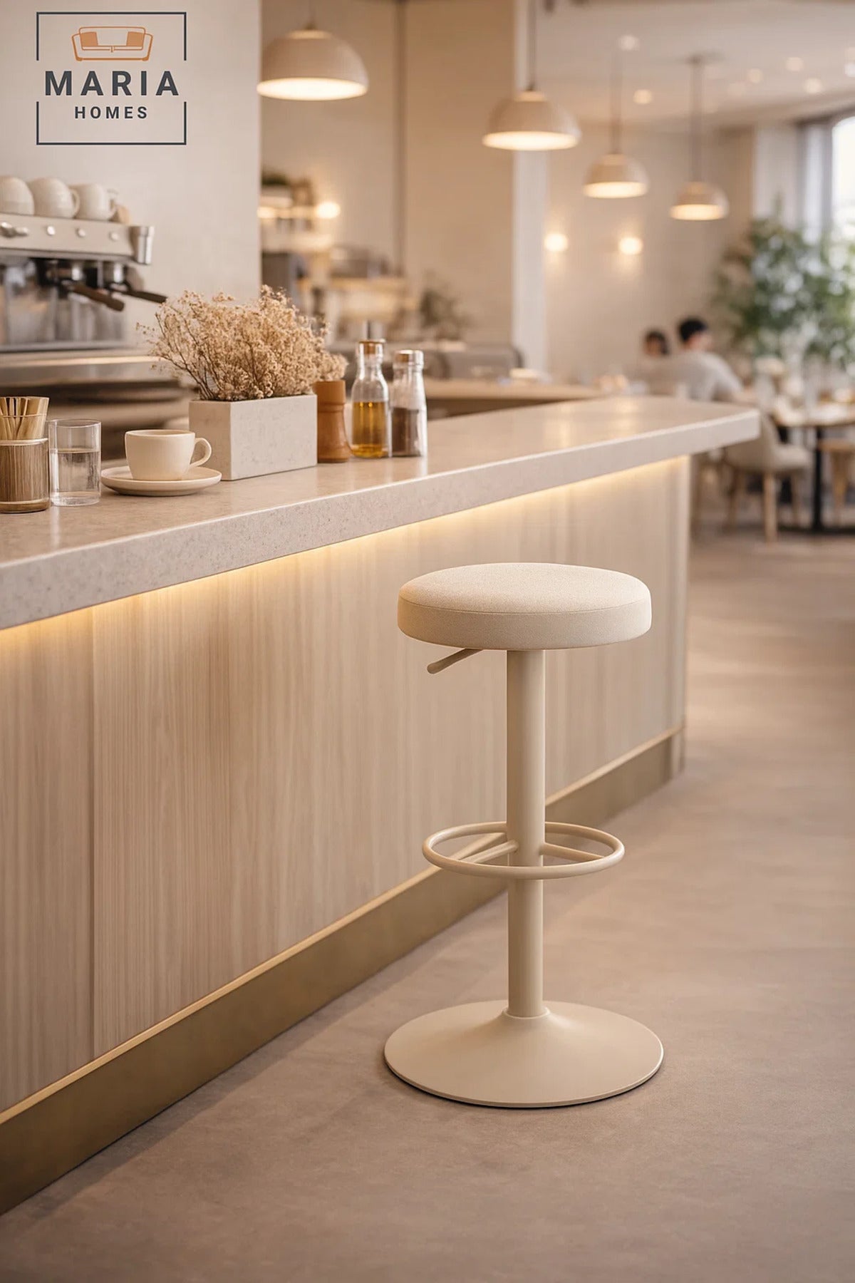 Modern Adjustable Bar Stool Beige Round Seat with Footrest