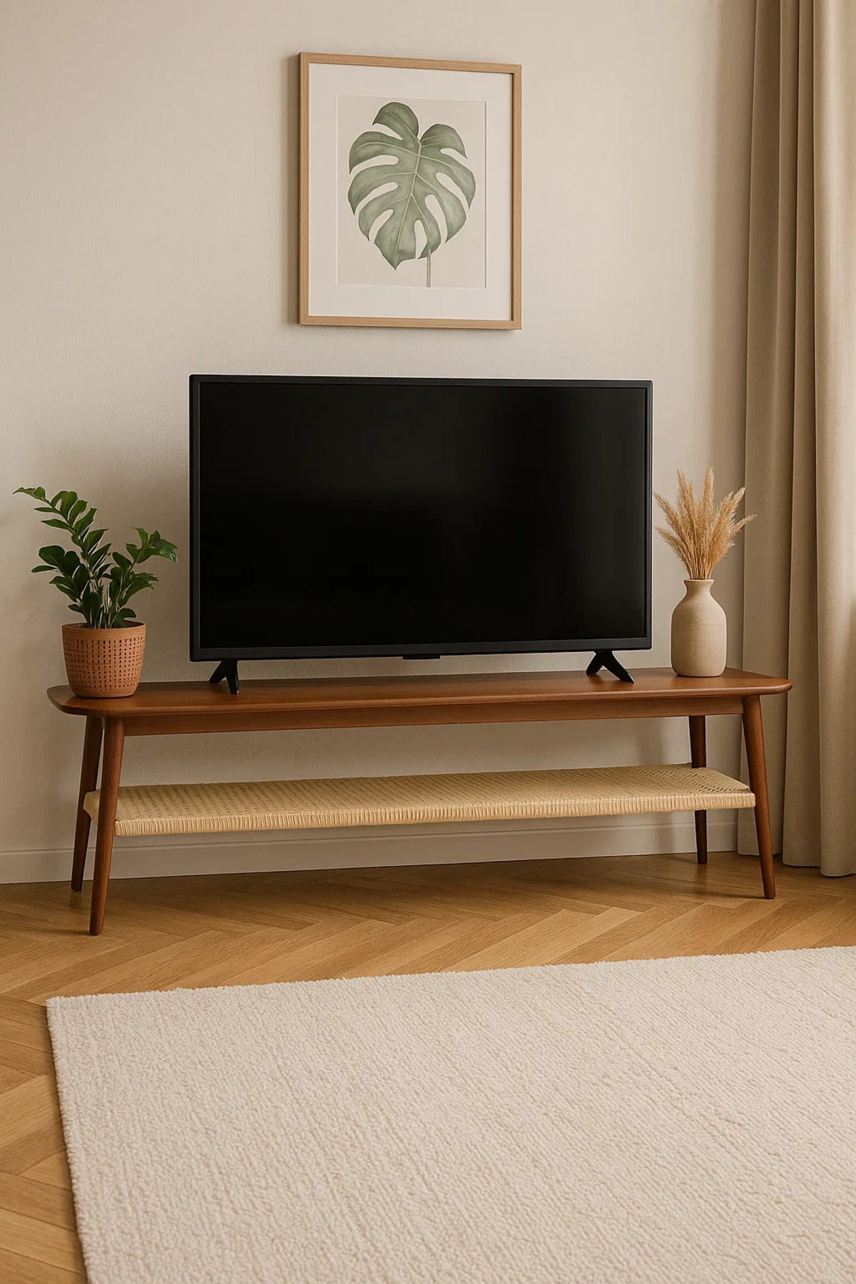 Mid-Century Modern TV Table with Woven Shelf Ð 160x40x45 cm Walnut Finish