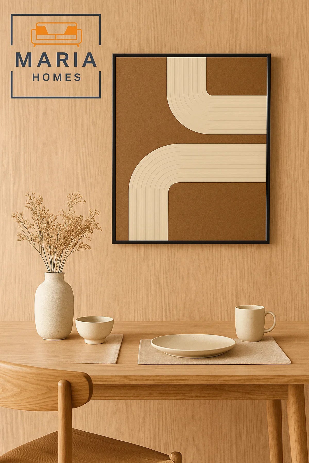Framed Abstract Wall Art Ð Beige Curved Lines on Textured Brown Canvas and Size 123*4.3*123 cm