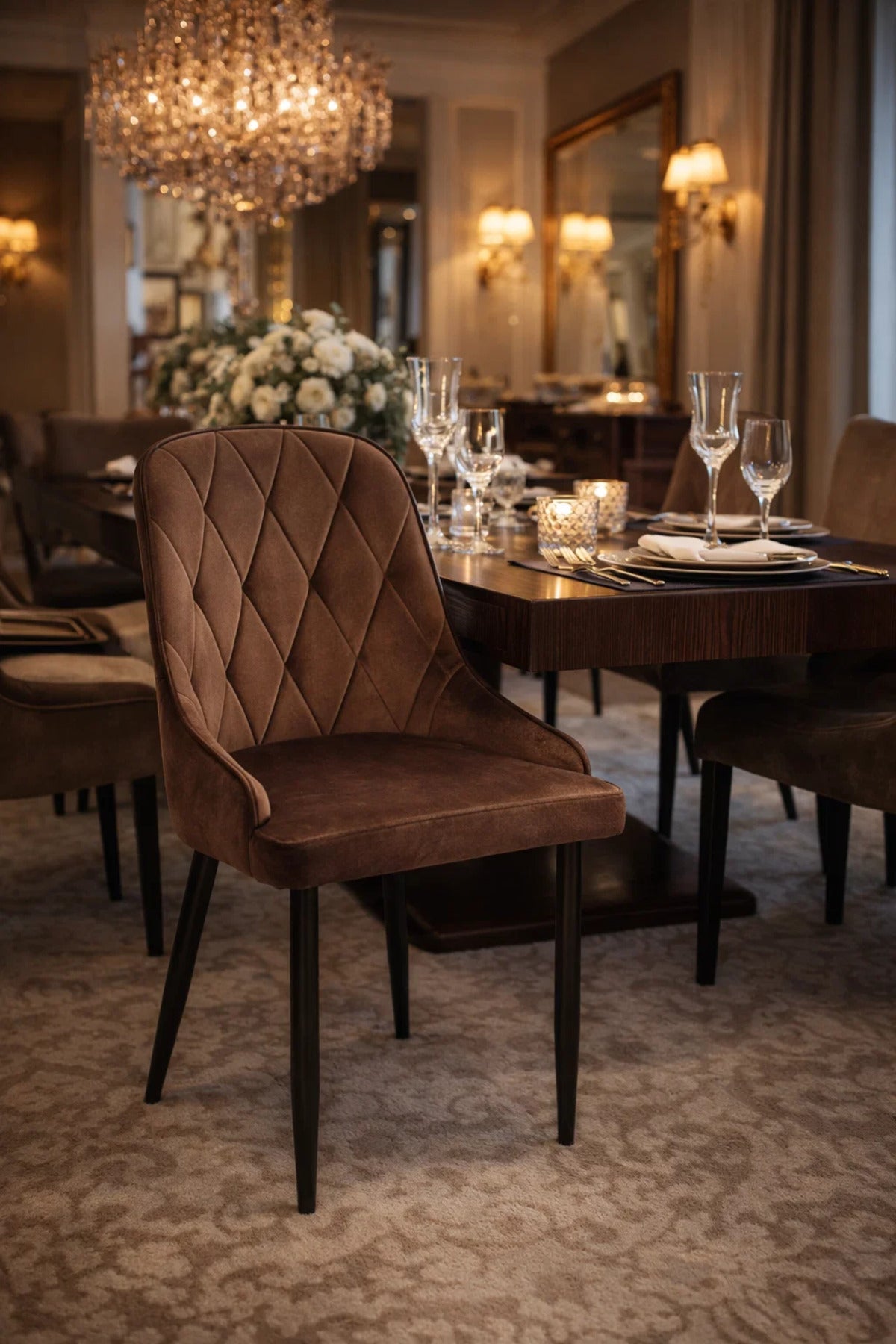 Elegant Brown Velvet Dining Chair Diamond Quilted Backrest Black Metal Legs Modern Kitchen Seat