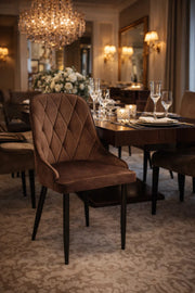 Elegant Brown Velvet Dining Chair Diamond Quilted Backrest Black Metal Legs Modern Kitchen Seat