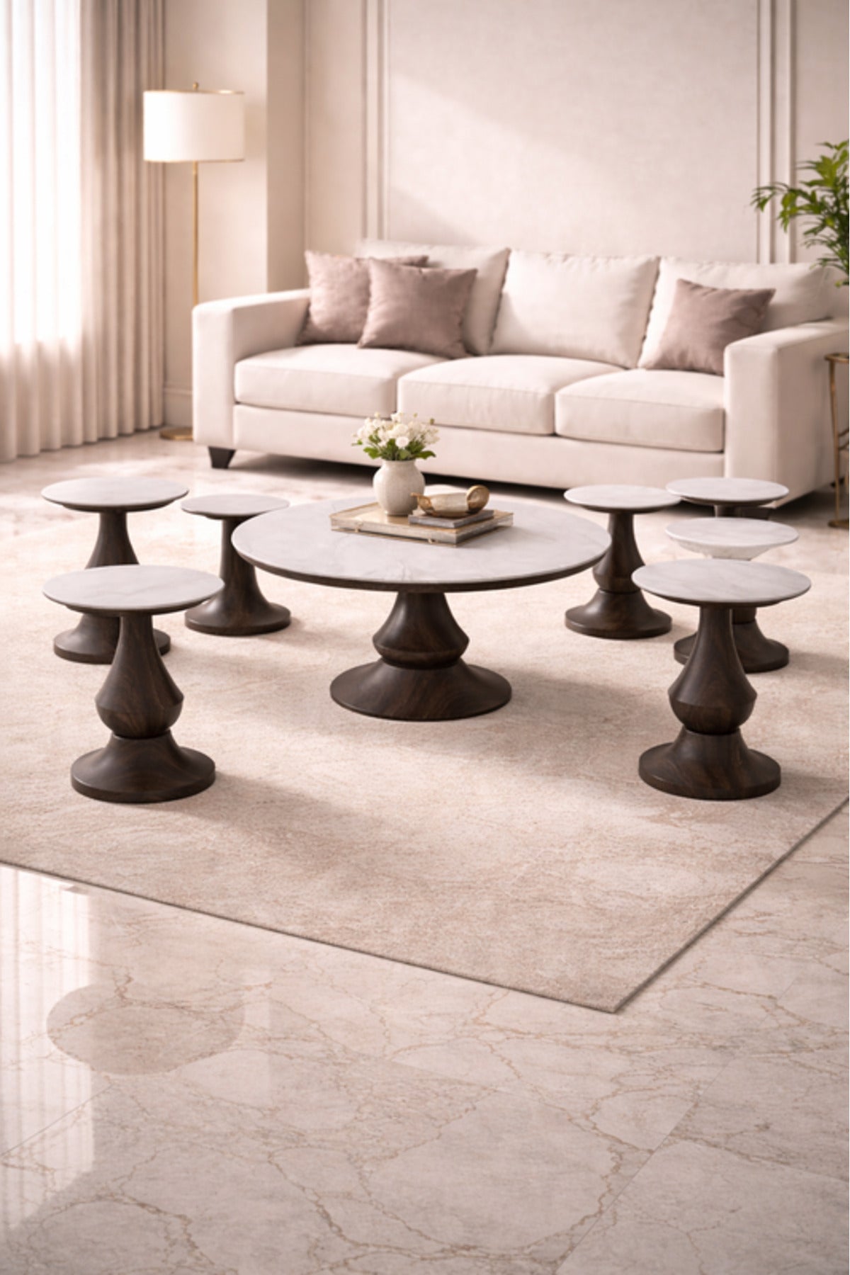 Luxury Ceramic Coffee Table Set 1+6 √ê Marble Top with Sculpted Wood Base