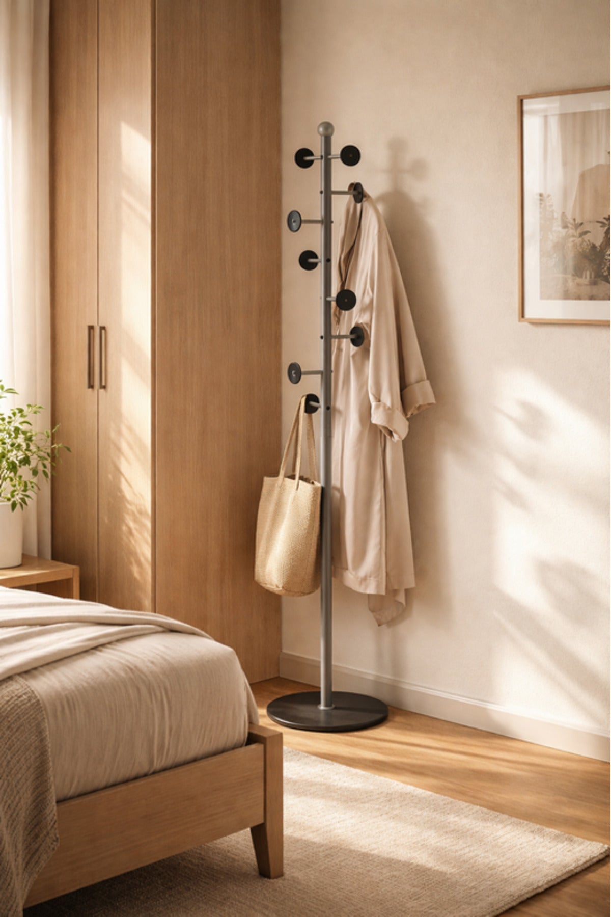 Stylish Grey Floor Standing Coat Rack Organizer with 8 Hooks and Stable Base for Home and Office