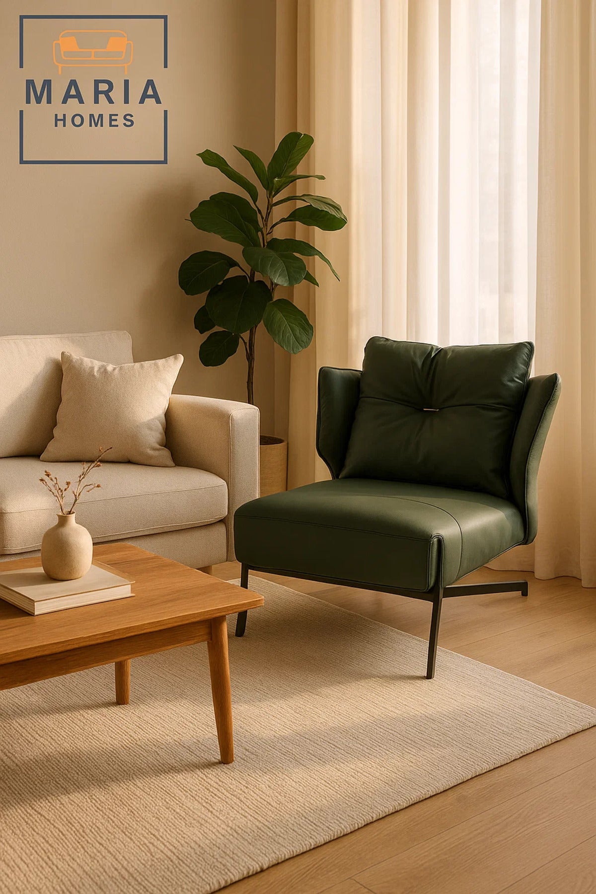 Modern Dark Green Lounge Chair with Winged Back