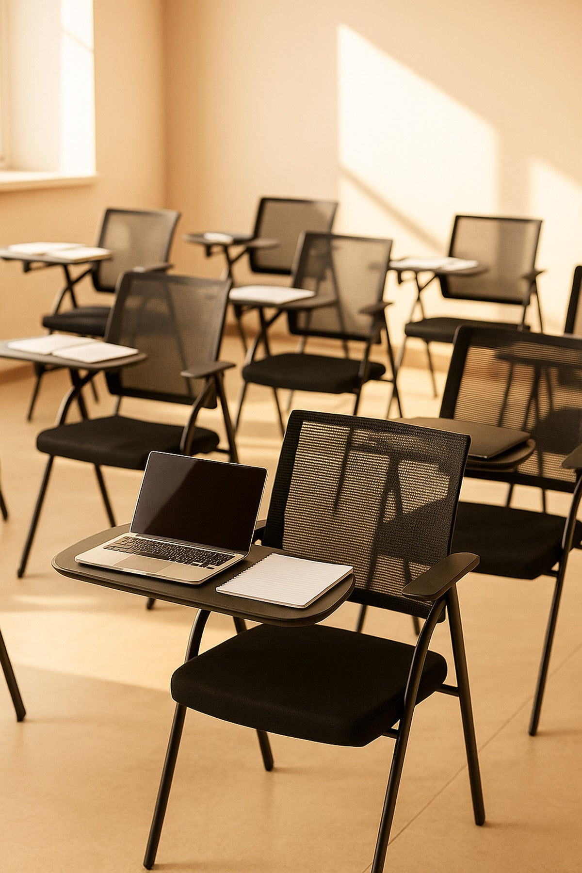 Black Study Chair with Writing Pad Ð Modern Mesh Training Chair with Armrest and Foldable Desk