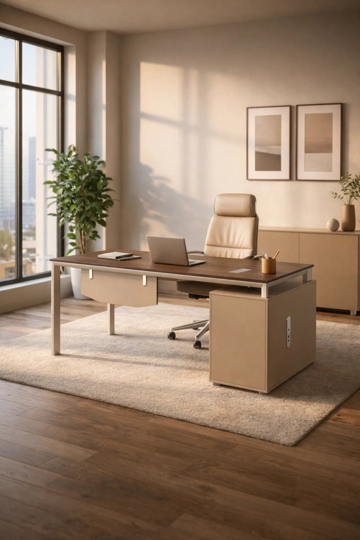 Modern 140cm L-Shaped Office Desk with Side Cabinet and Dark Wood Top for Professional Workspace