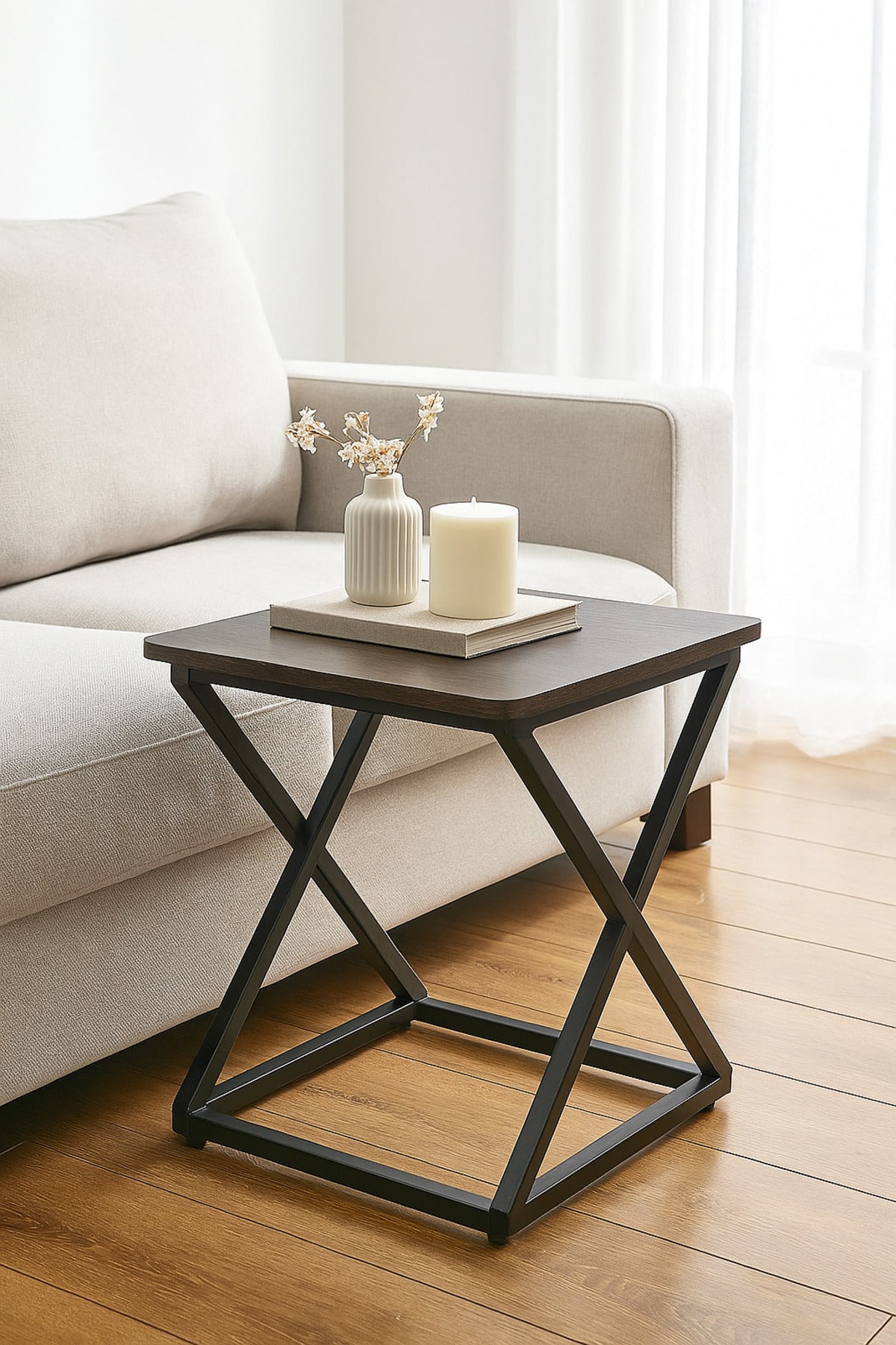 Modern Square Side Table in Dark Wood with Black Metal Cross Base Ð Industrial Accent Table 40_50 cm