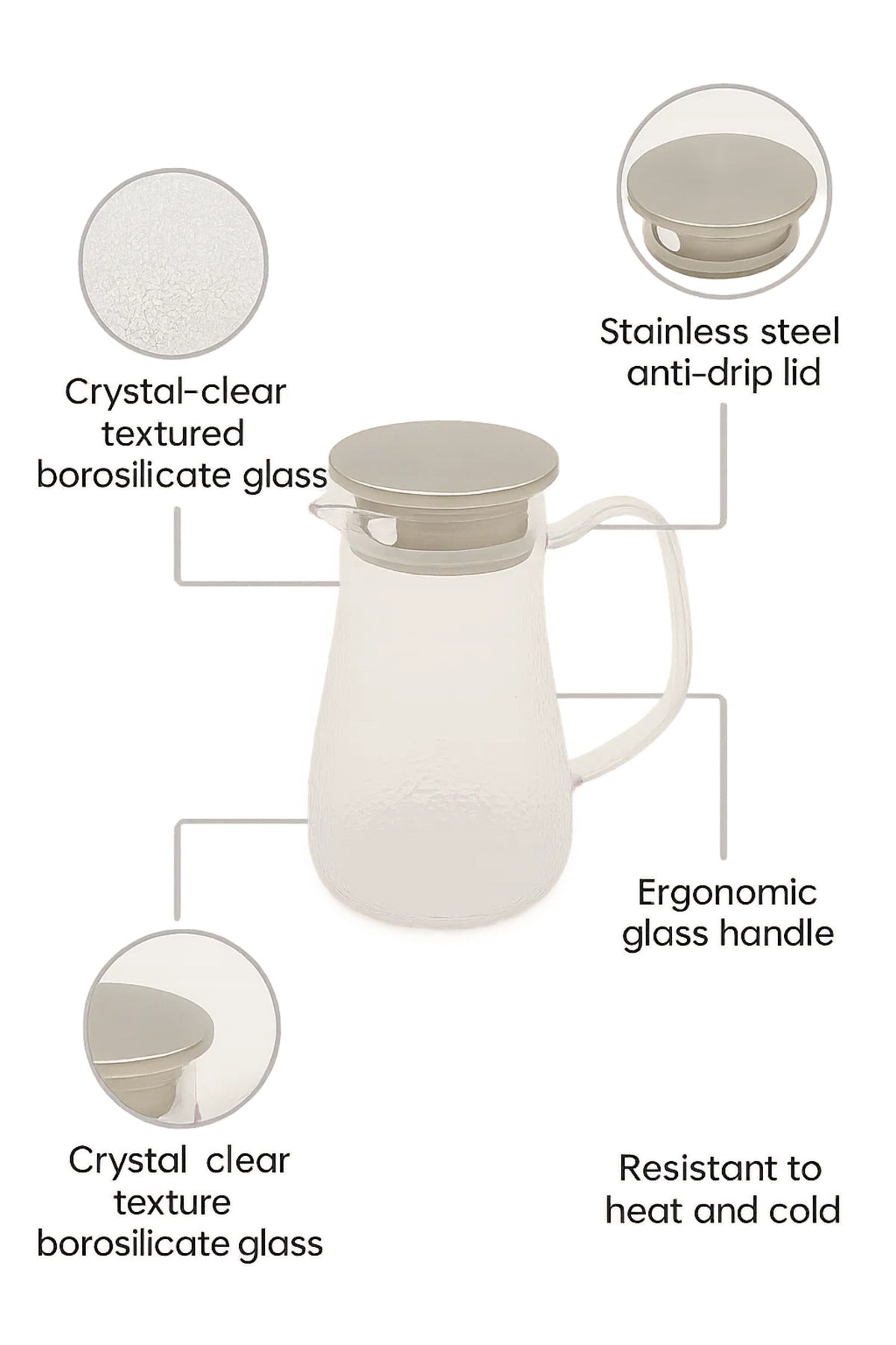 Clear Textured Glass Water Pitcher with Stainless Steel Lid Ð 1.3 Liter