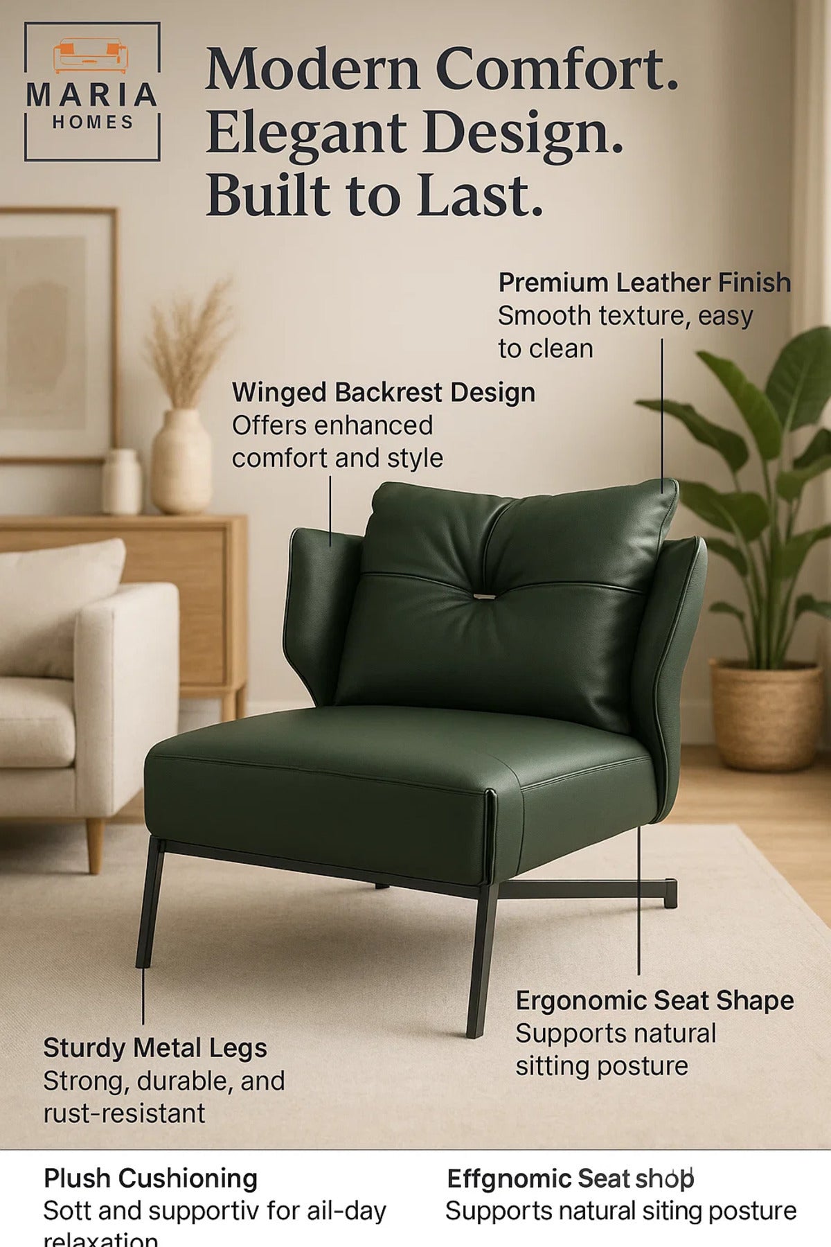 Modern Dark Green Lounge Chair with Winged Back
