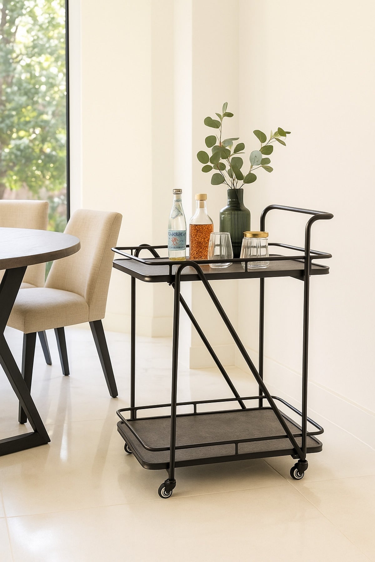 Modern Black Serving Trolley with 2Tier Shelves and Wheels Cart for Kitchen, Dining, or Living Room