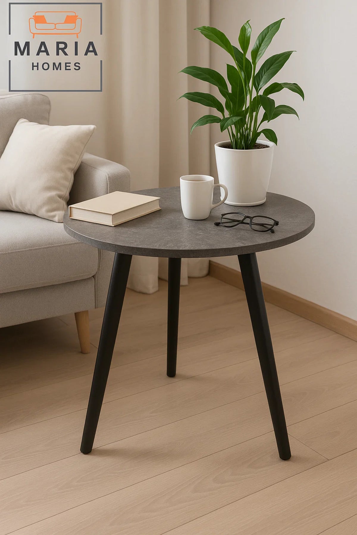 Round Side Table with Stone-Look Top and Black Angled Legs Ð Modern Style