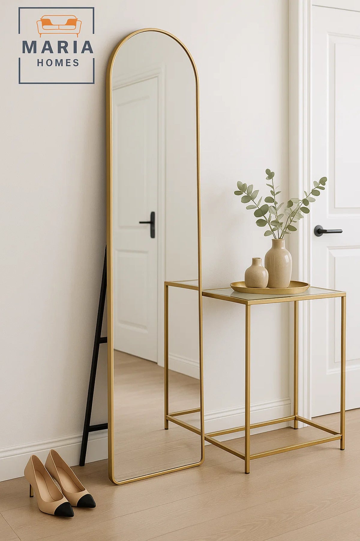 vModern Golden Frame Full-Length Mirror 160x40cm Arched Floor Standing Mirror for Bedroom