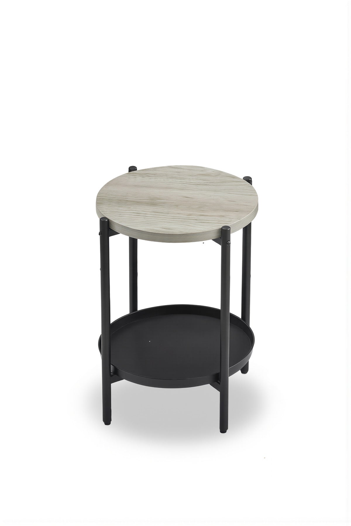 Modern Light Wood Side Table √ê Round Coffee Table with Black Storage Shelf 40_40_55 cm