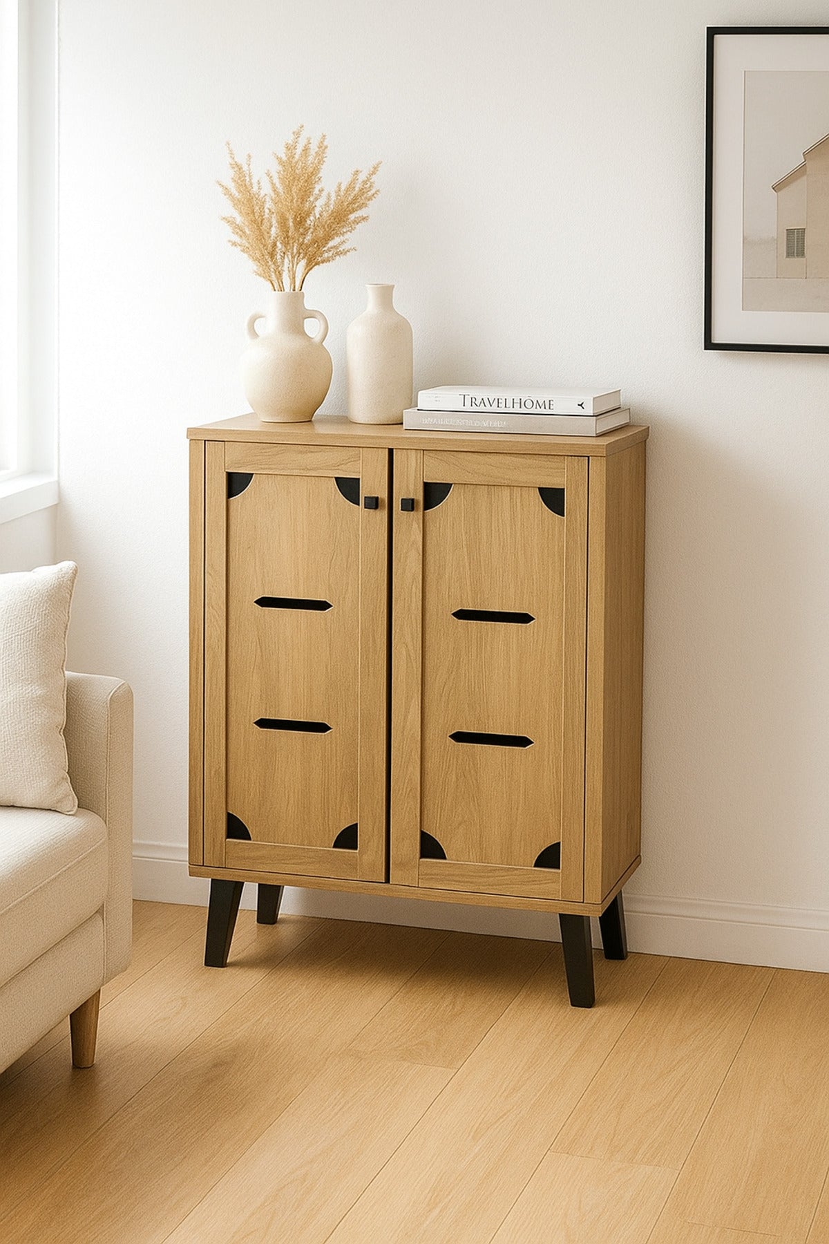 Light Brown Wooden Shoe Cabinet 80_32_94 cm √ê Modern 2-Door Storage Unit with Black Legs