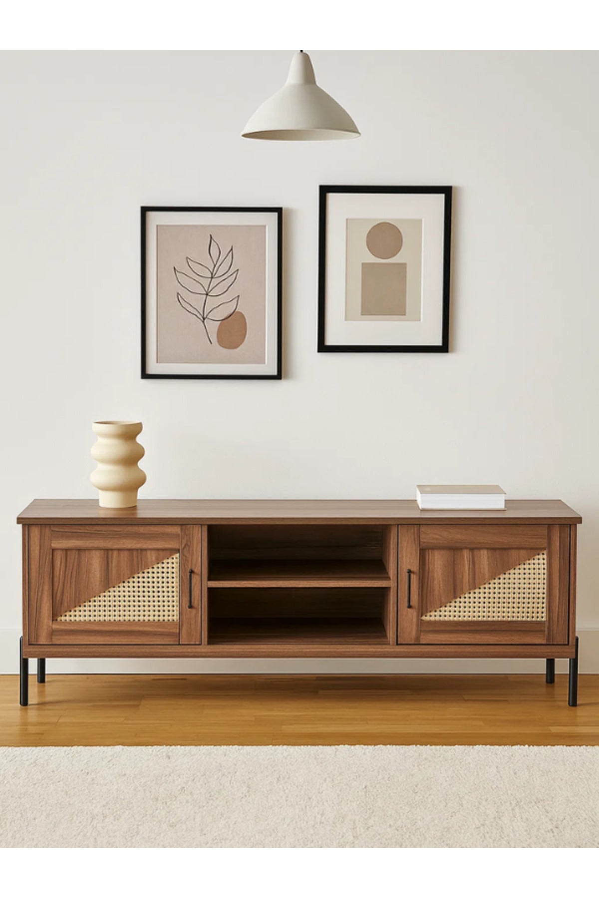 Modern Walnut TV Cabinet 160_39.5_56 cm Wooden Entertainment Unit with Rattan Design Doors