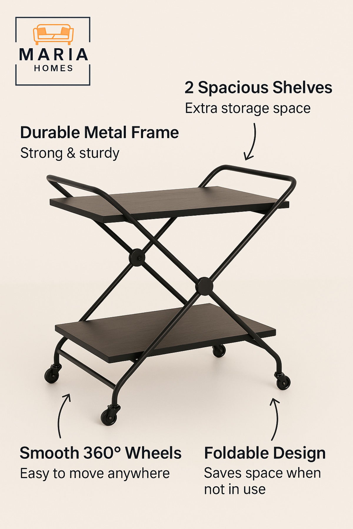Coffee 2-Tier Serving Trolley with Wheels Ð Kitchen & Living Room Utility Cart 70_40_84 cm