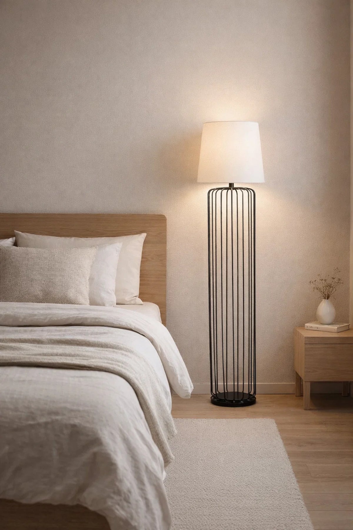 Modern Black Cage Style Floor Lamp with Fabric Shade for Living Room Decor
