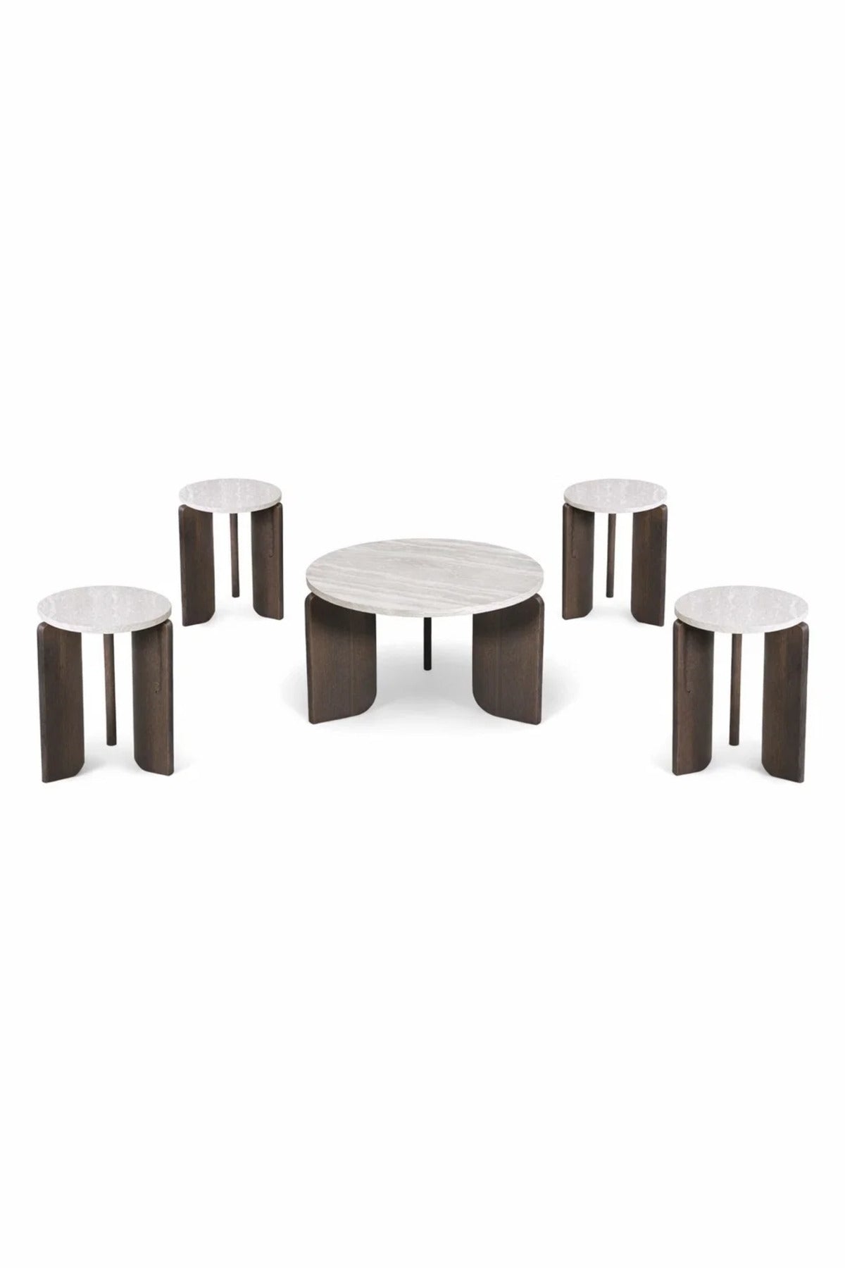 Luxury 5-Piece Round Center Table Set Cream Marble Top Dark Wood Legs Modern Living Room Decor