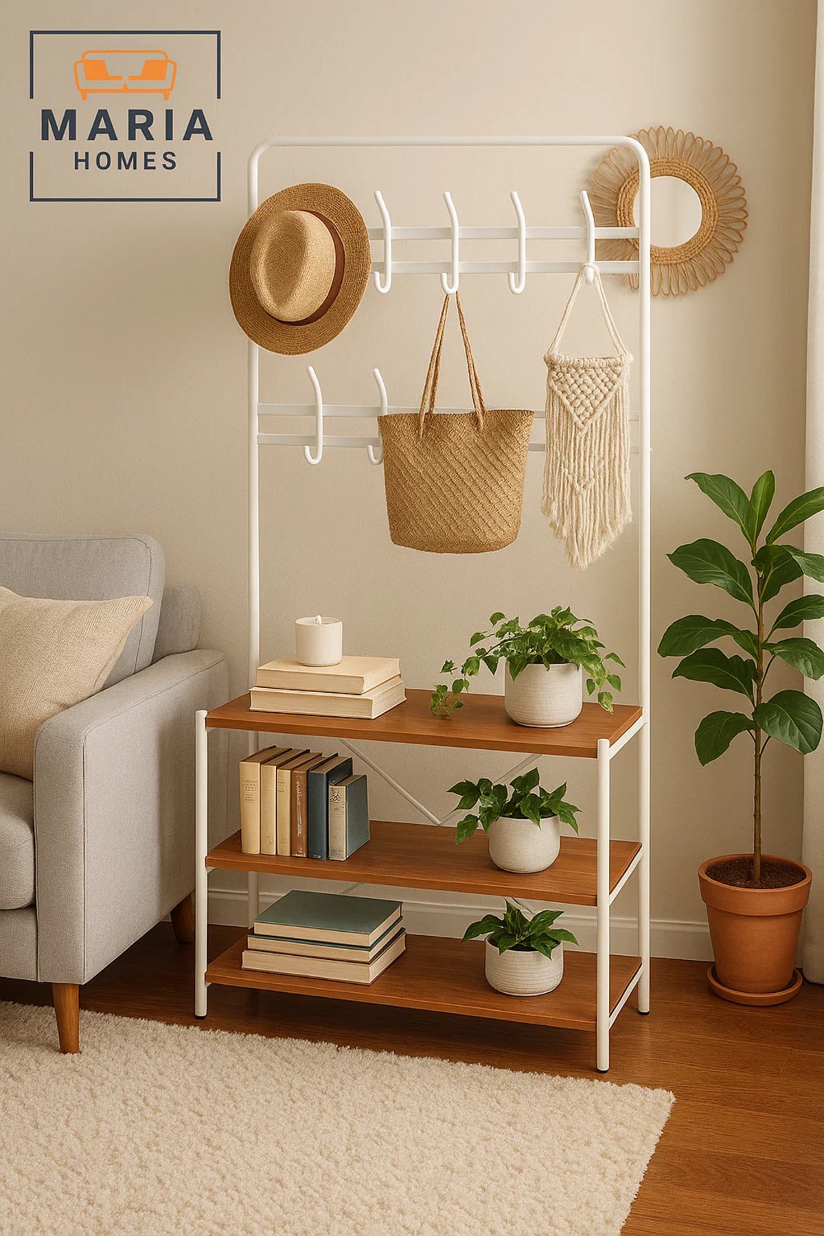White Coat Rack with 12 Hooks & 3-Tier Shoe Shelf √ê 190x79x30 cm