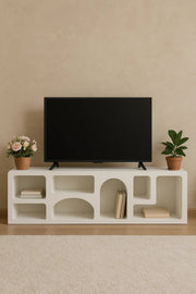 Modern White Geometric TV Stand with Open Display Shelves Ð 160x40x50 cm