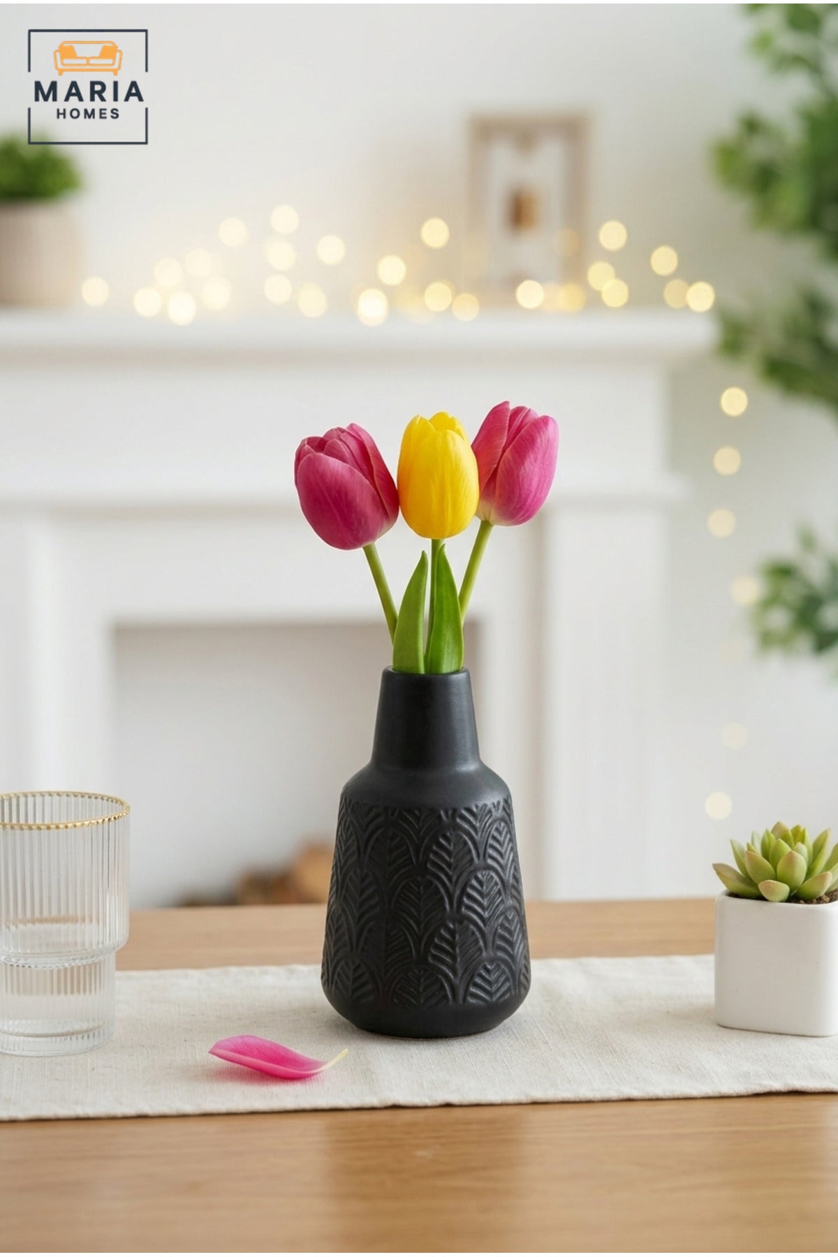 Modern Black Ceramic Decorative Vase with Textured Finish, Small Flower Vase for Living Room, Dining Table, Shelf & Home Décor