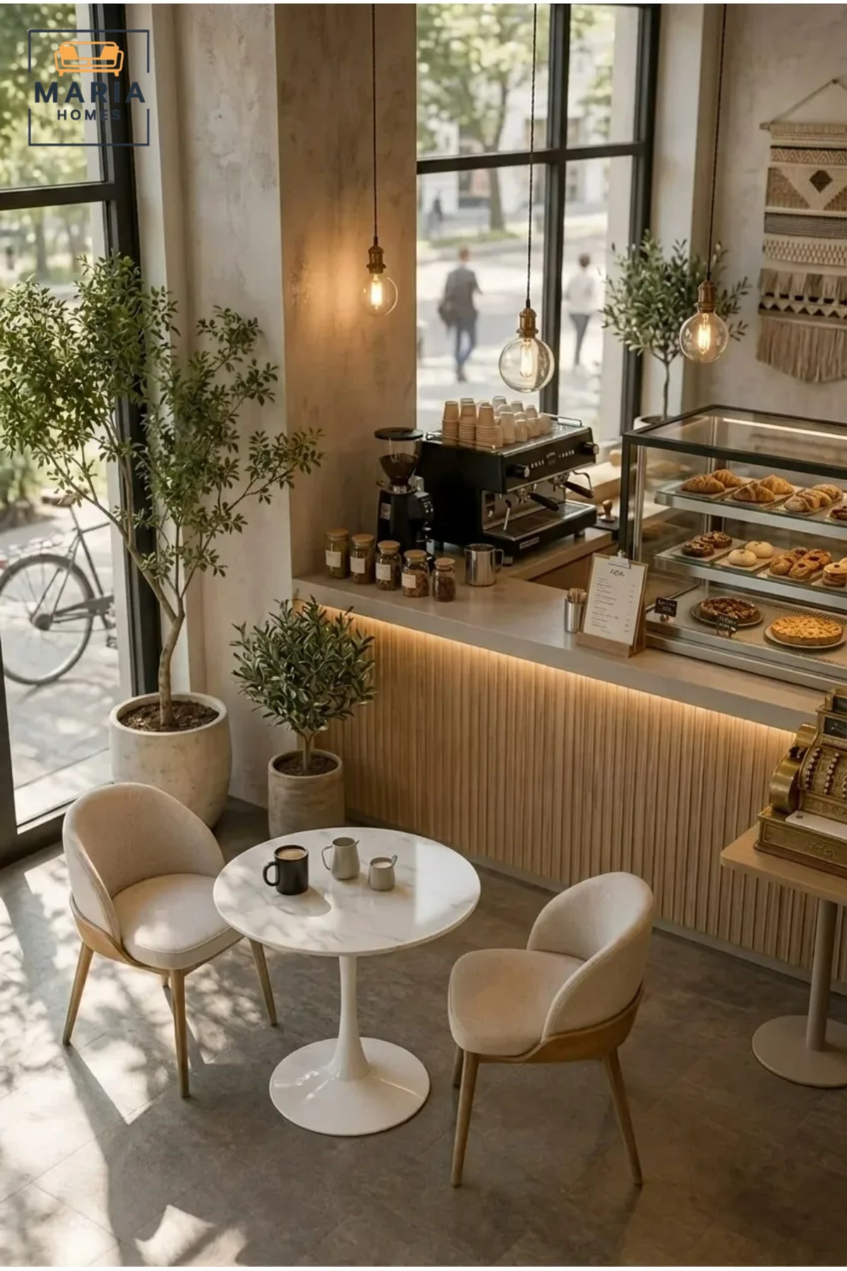 Modern Round Café Table with Marble-Effect Top and Sculpted Pedestal Base for Coffee Shop, Restaurant, Bistro, Hotel and Indoor Dining Area