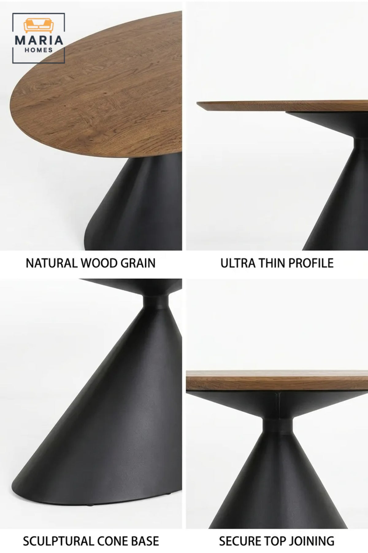 Large Oval Dining Table with Wooden Top and Sculptural Cone Pedestal Base, Modern Table for Dining Room, Kitchen, Café, Restaurant and Meeting Area