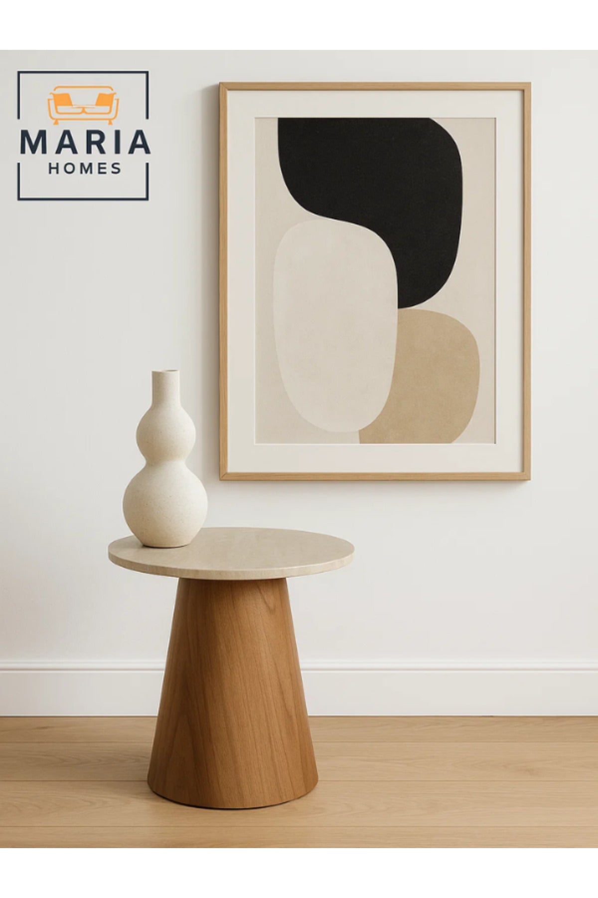 Modern Round Side Table 45_55 cm Ð Brown Wooden Base with Faux Marble Top