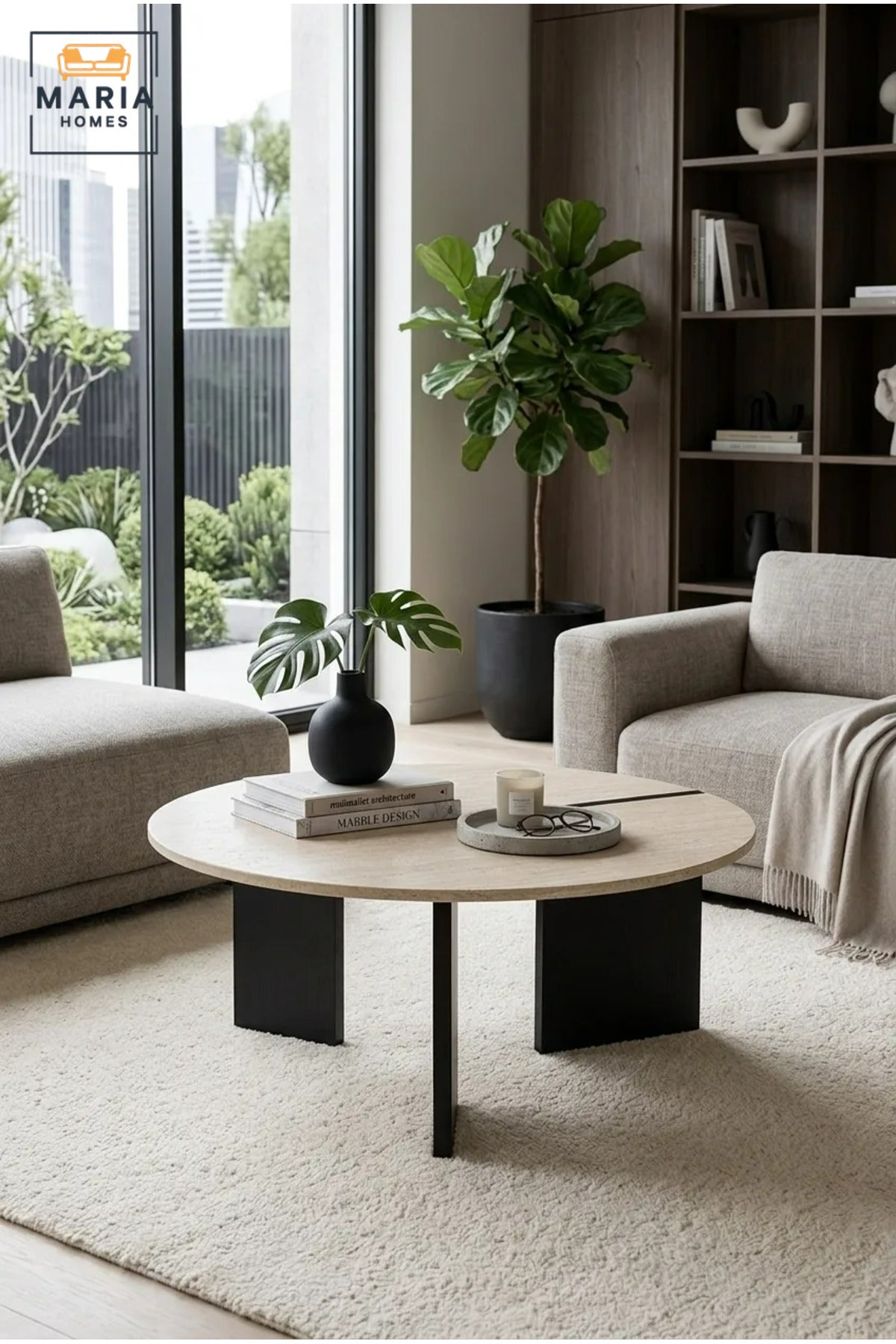 Modern Round Coffee Table with Wooden Top and Sculptural Panel Base, Contemporary Center Table for Living Room, Lounge, Apartment and Office
