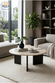 Modern Round Coffee Table with Wooden Top and Sculptural Panel Base, Contemporary Center Table for Living Room, Lounge, Apartment and Office