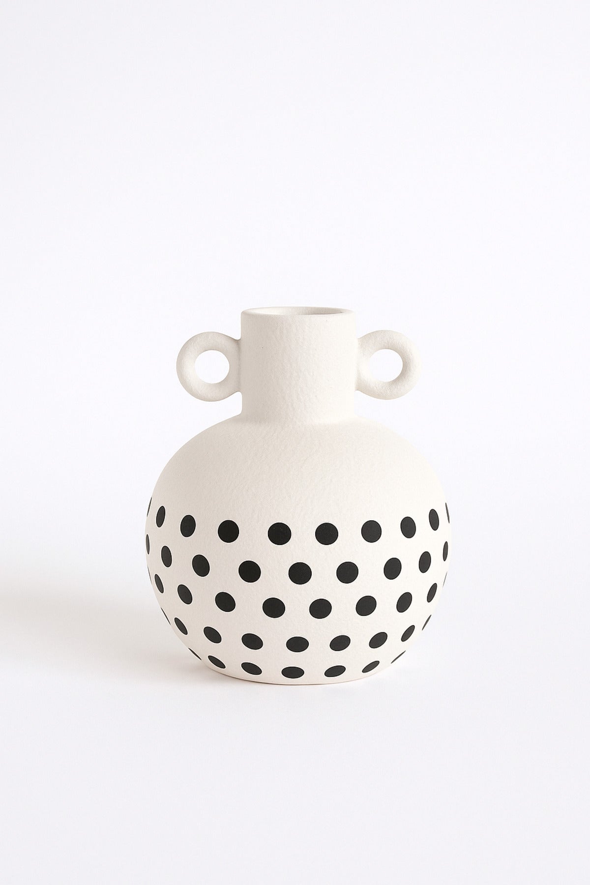 Natural White Ceramic Vase with Black Dots Ð Small Round Double Handle Decorative Vase