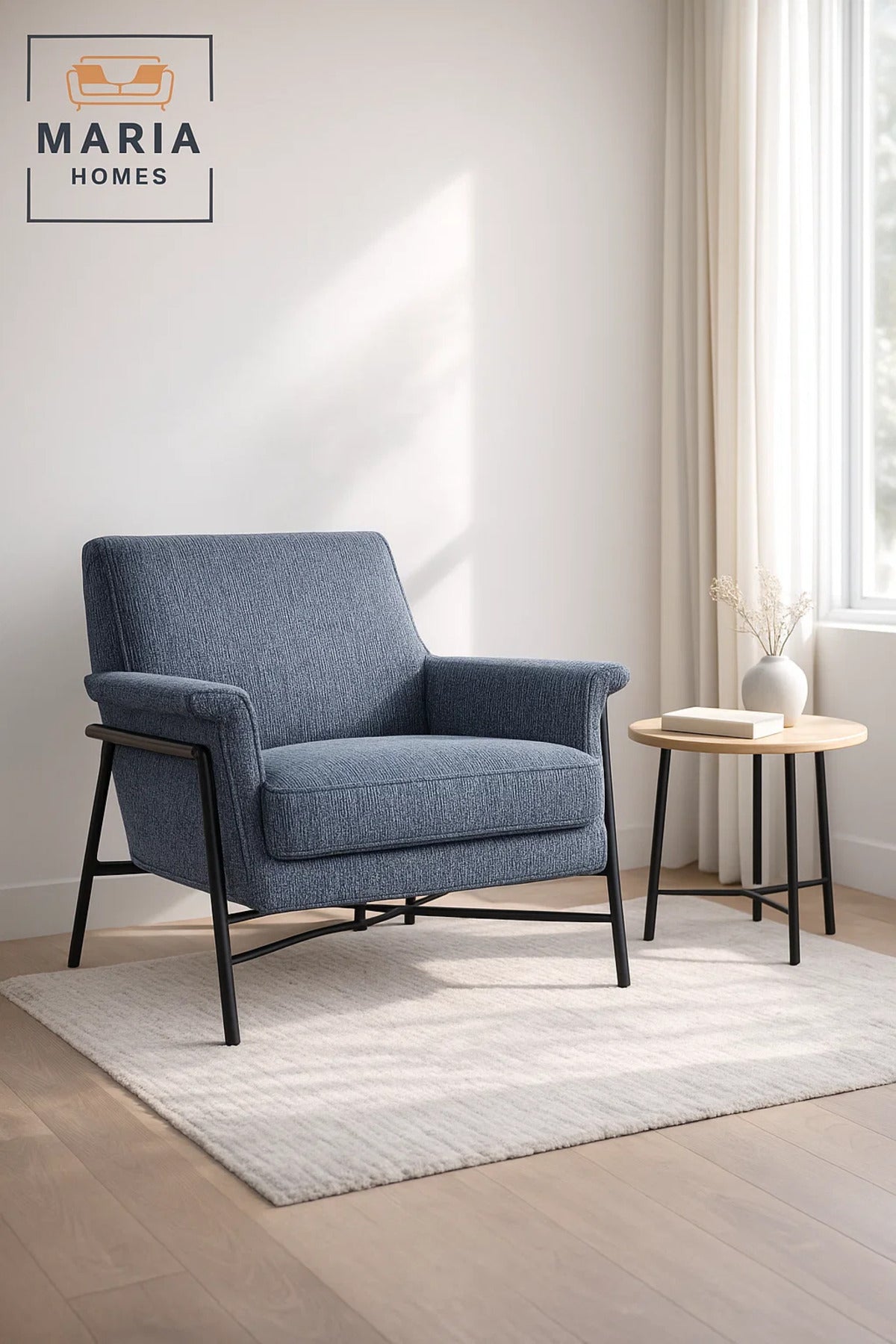 Modern Upholstered Armchair Blue Comfortable Accent Chair with Metal Frame