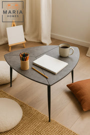 Tri-fold grey stone finish accent table with metal legs