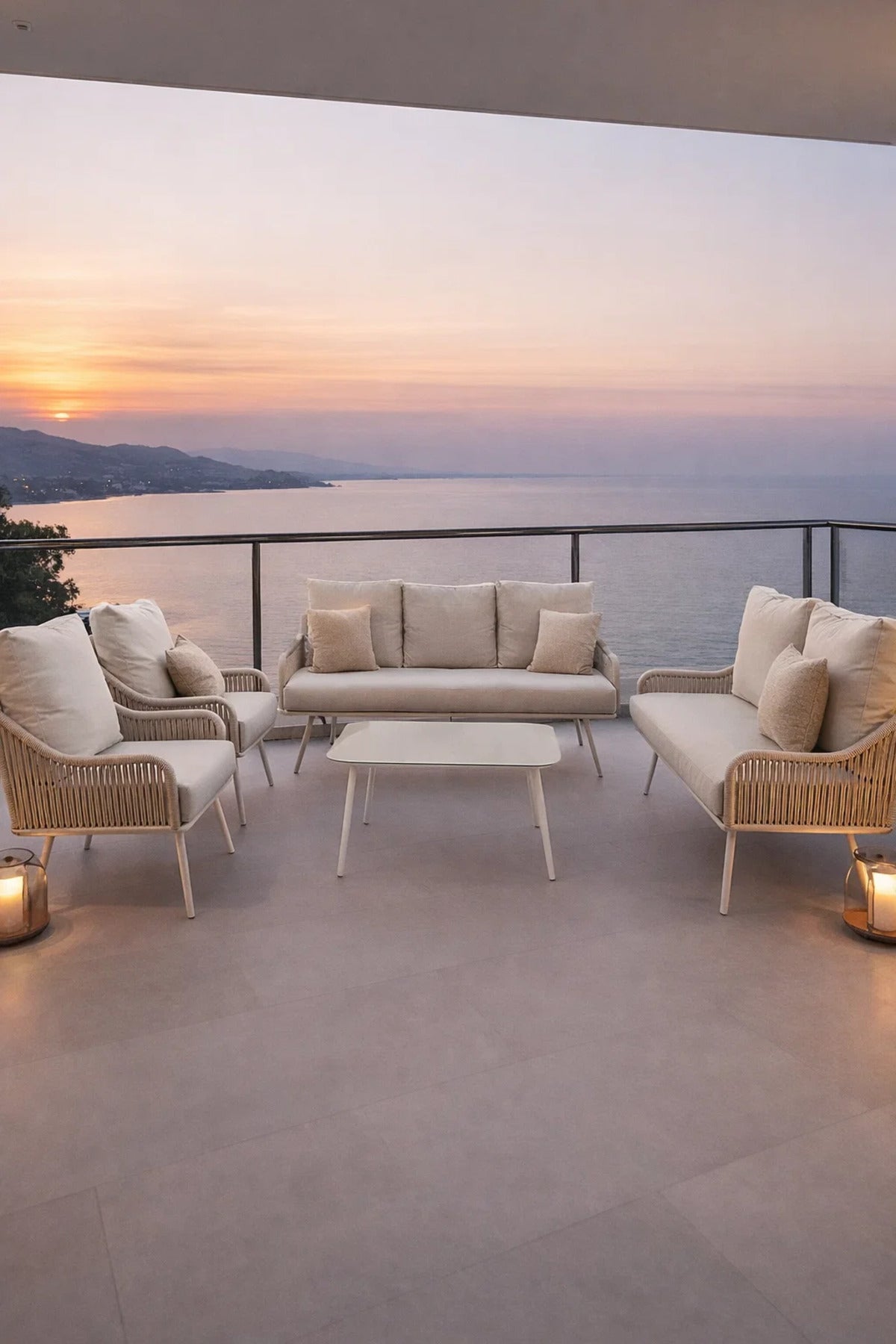 Elegant White and Beige 7Piece Sofa Set with Glass Coffee Table Outdoor or Indoor Seating