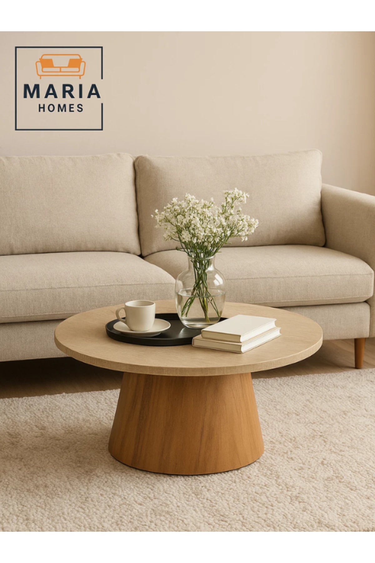 Round Coffee Table 90_45 cm Ð Modern Beige Laminate Top with Brown Wooden Base