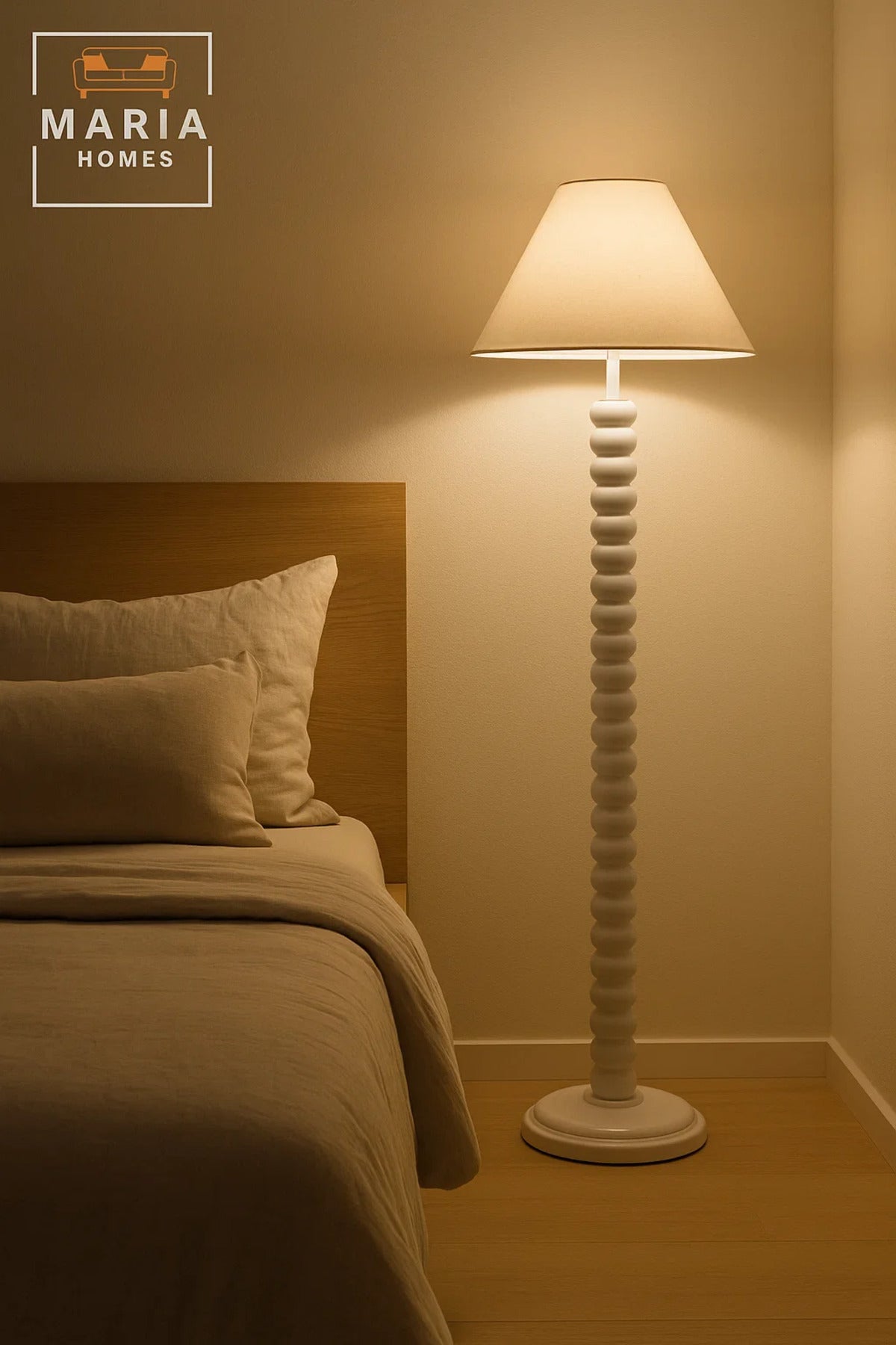 Glossy White Floor Lamp with Beaded Stand and Cone Shade