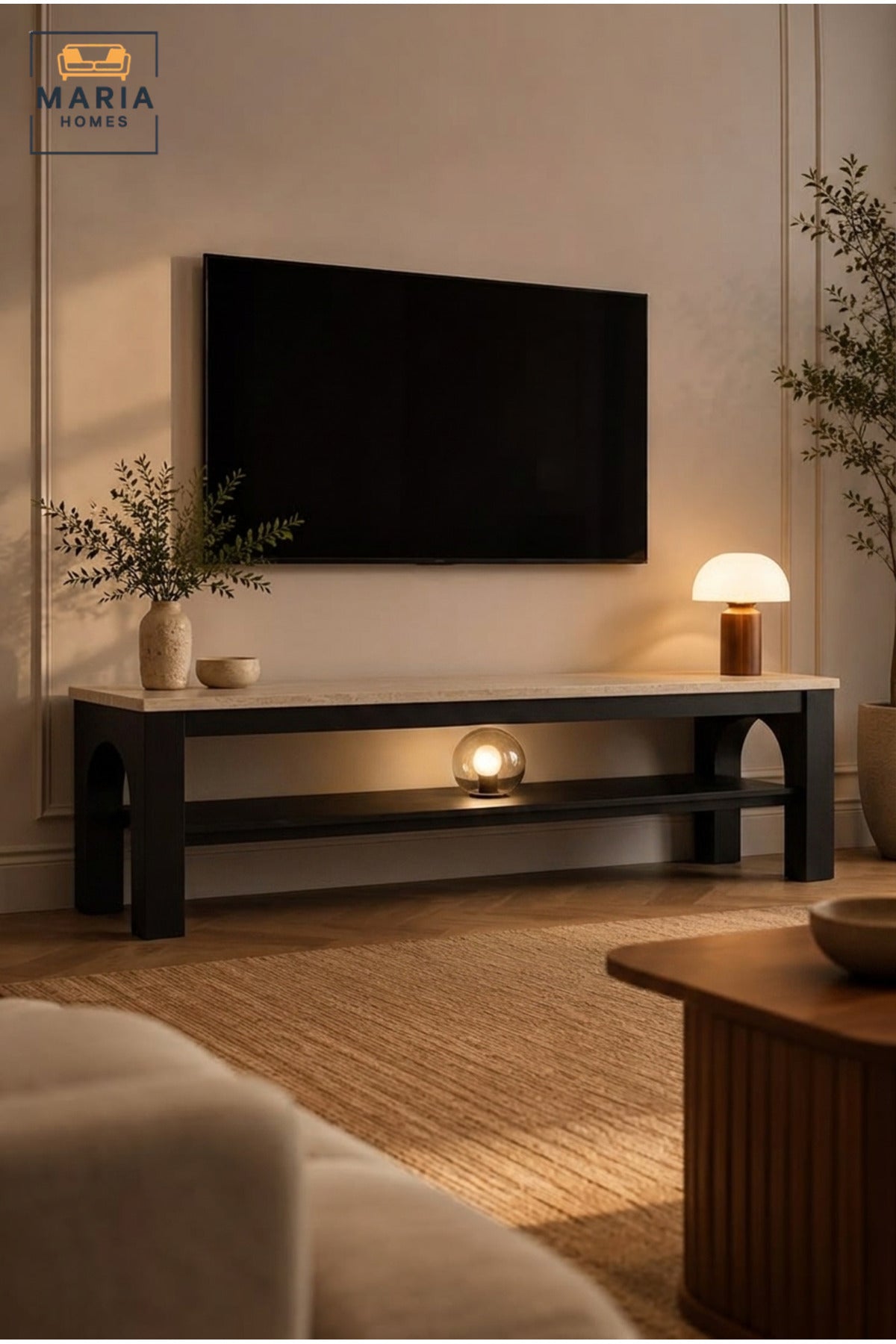 Modern TV Stand with Wooden Top and Open Storage Shelf, Long Entertainment Unit for Living Room, Bedroom, Media Room, Apartment and Lounge