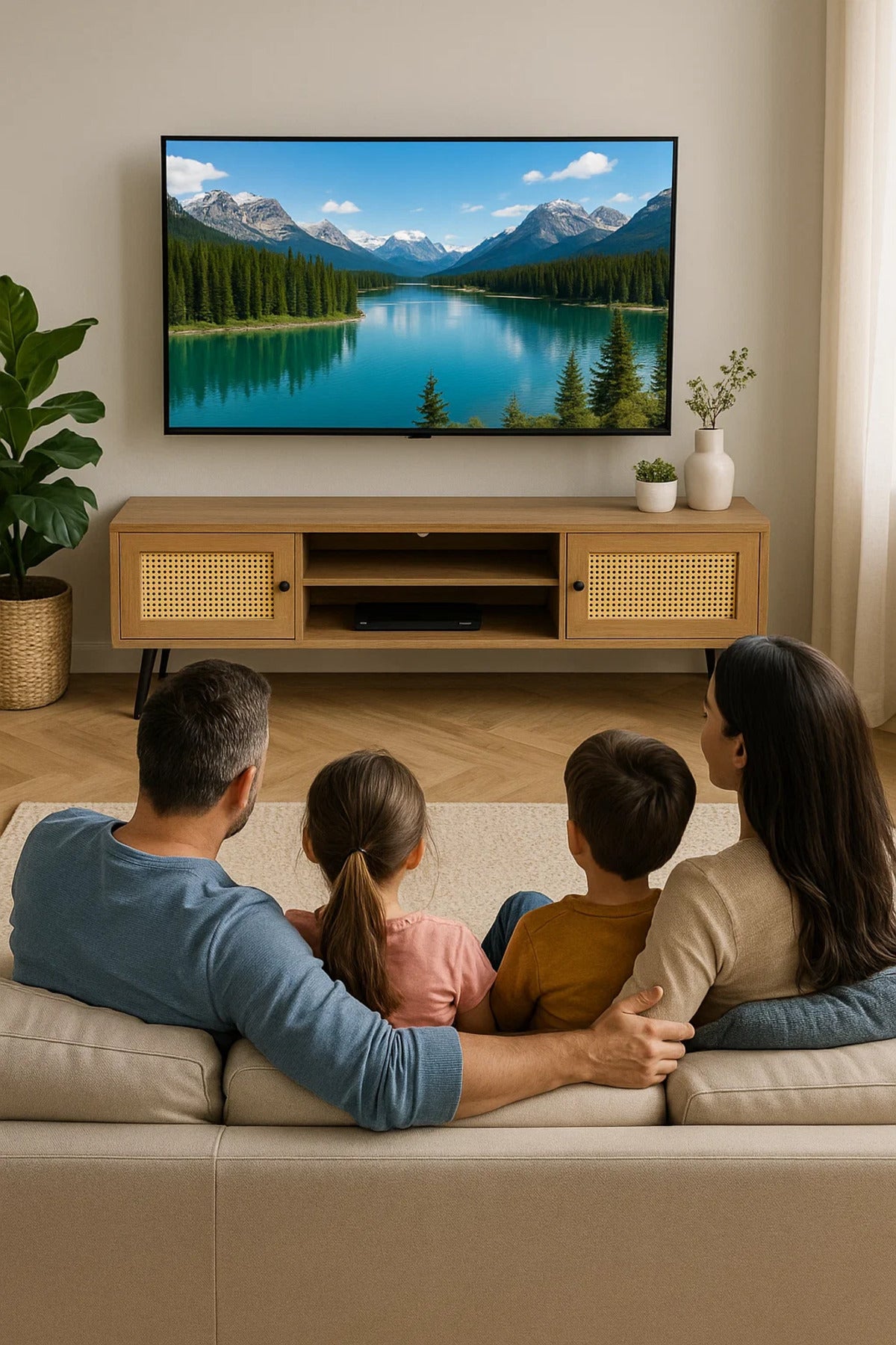Mid-Century Modern TV Stand with Rattan Doors Ð 160x40x50 cm Brown Entertainment Unit