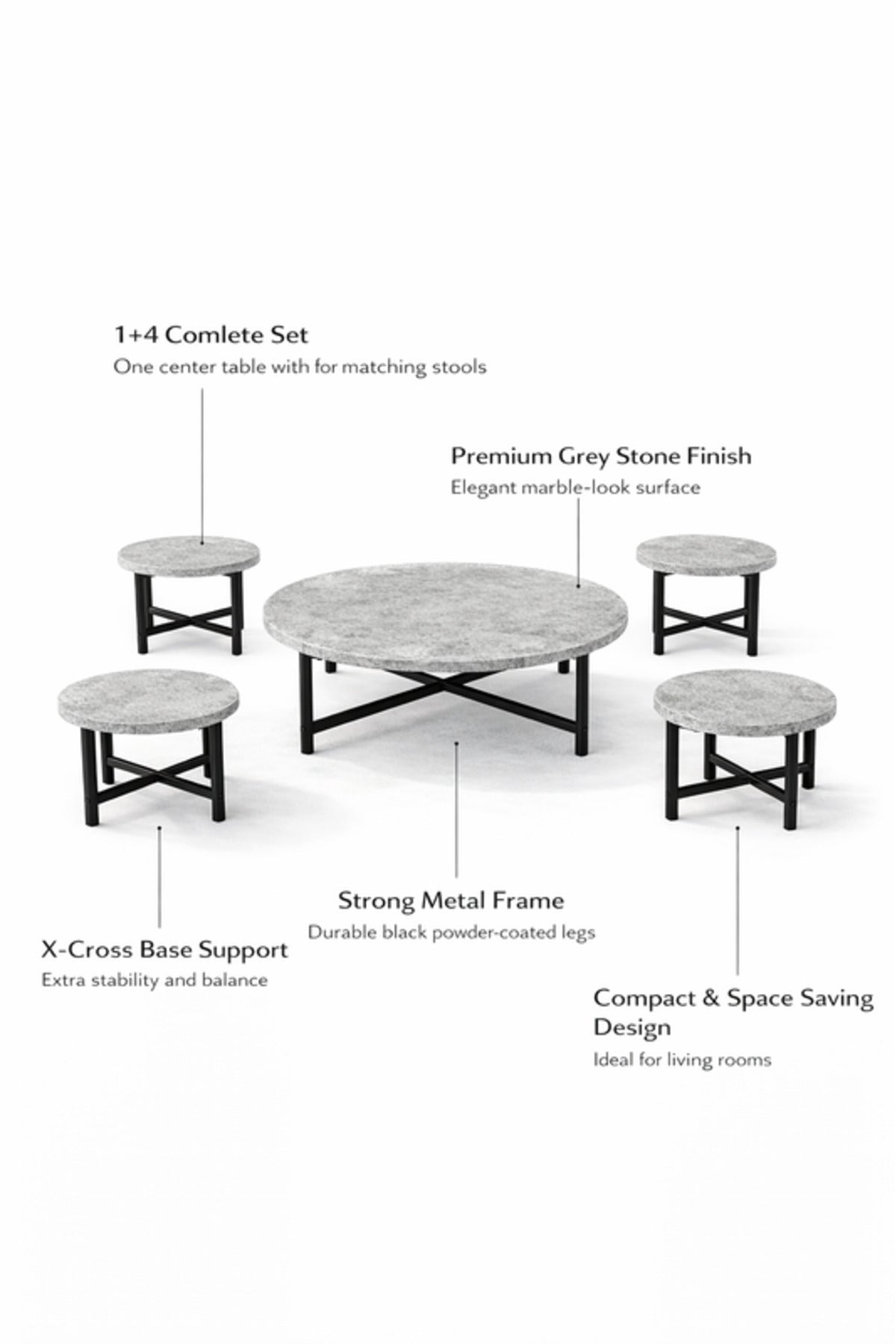 Modern Round Grey Coffee Table Set 1+4 √ê Marble Look Top with Black Frame